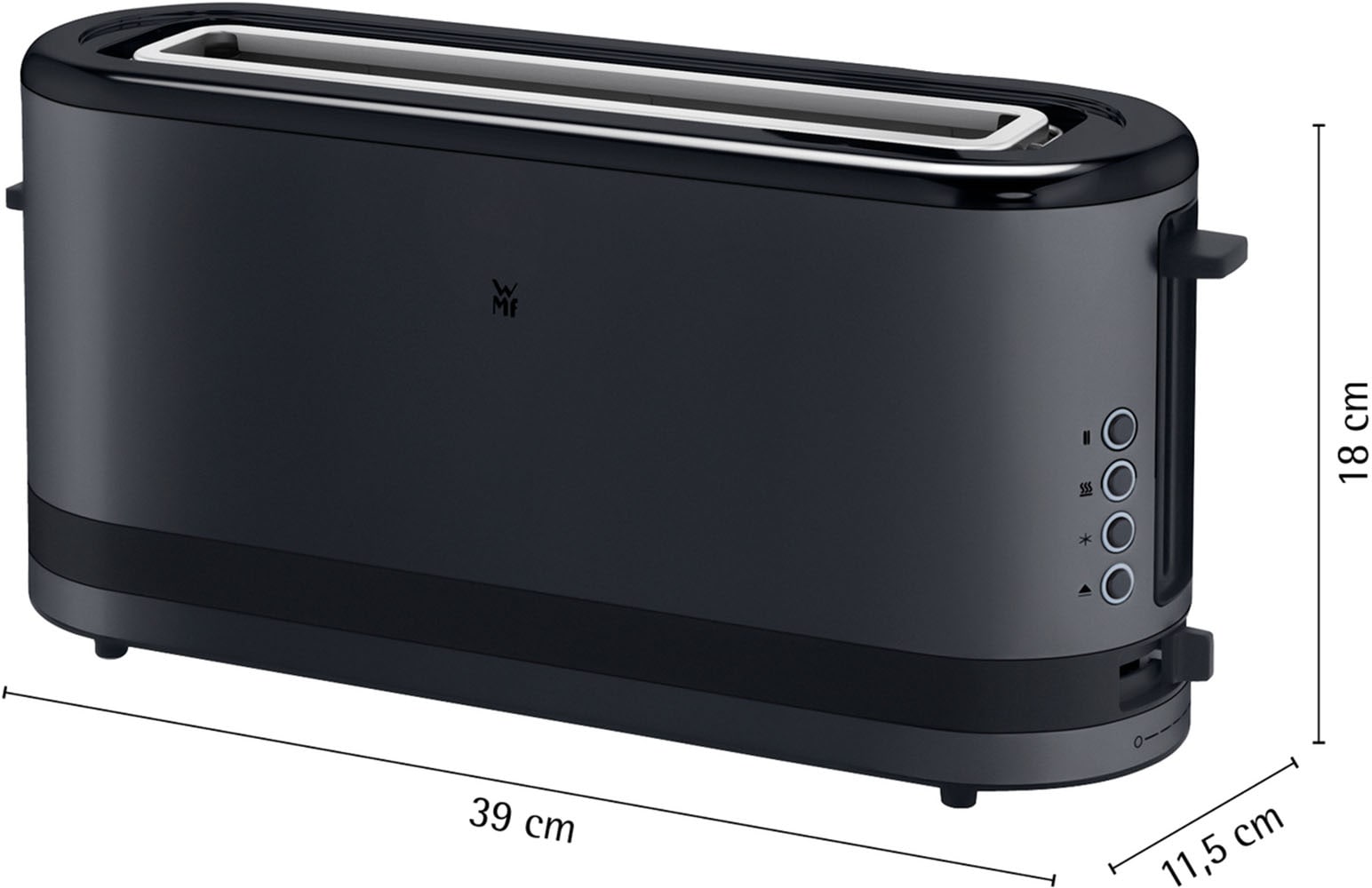 WMF Toaster »KÜCHENminis Deep Black, Lanschlitztoaster, mit Brötchenaufsatz« 1 langer Schlitz für 2 XXL-Toastscheiben 900 W 7 variable Bräunungsstufen, Brotzentrierung, Krümelschublade