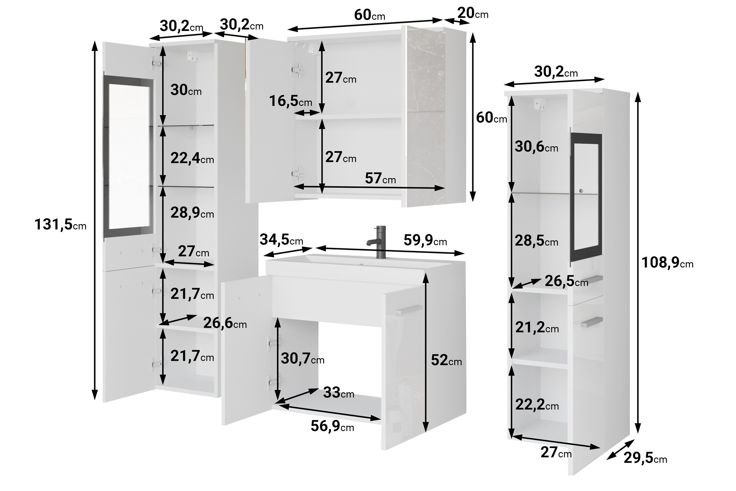 welltime Badmöbel-Set »MADRIT II, Schrank mit Waschbecken, 2 Hänger, Spiegelschrank«, (Komplett-Set, 5 St.), Hängende Badmöbel mit Glaseinsätzen – in vielen Farben erhältlich