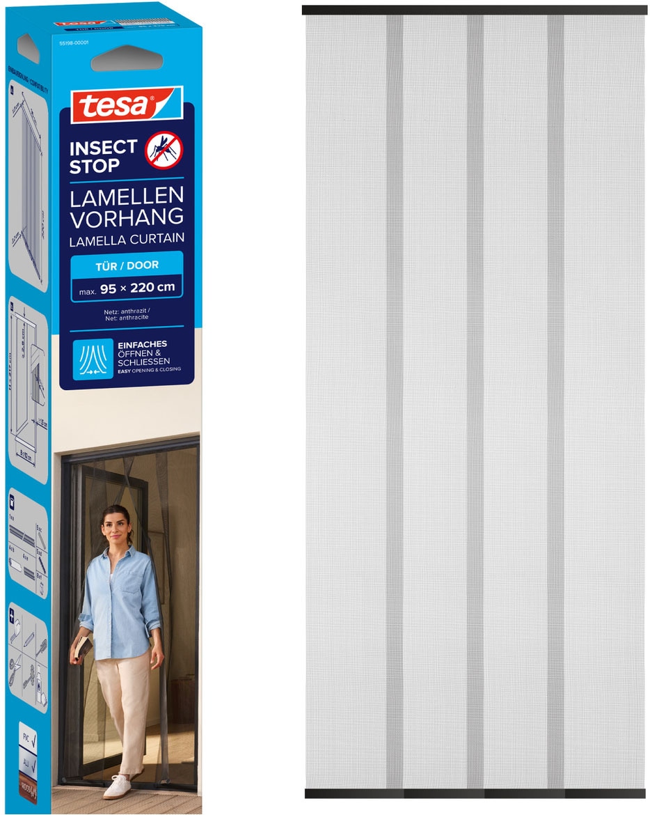 tesa Insektenschutz-Tür »Lamellen Vorhang - Fliegenvorhang für Balkon und Terassentüren« Packung, Fliegennetz, Klettband, 1 Stk. tlg. INSECT STOP Vorhang inkl. Klettverschluss - 95 x 220 cm