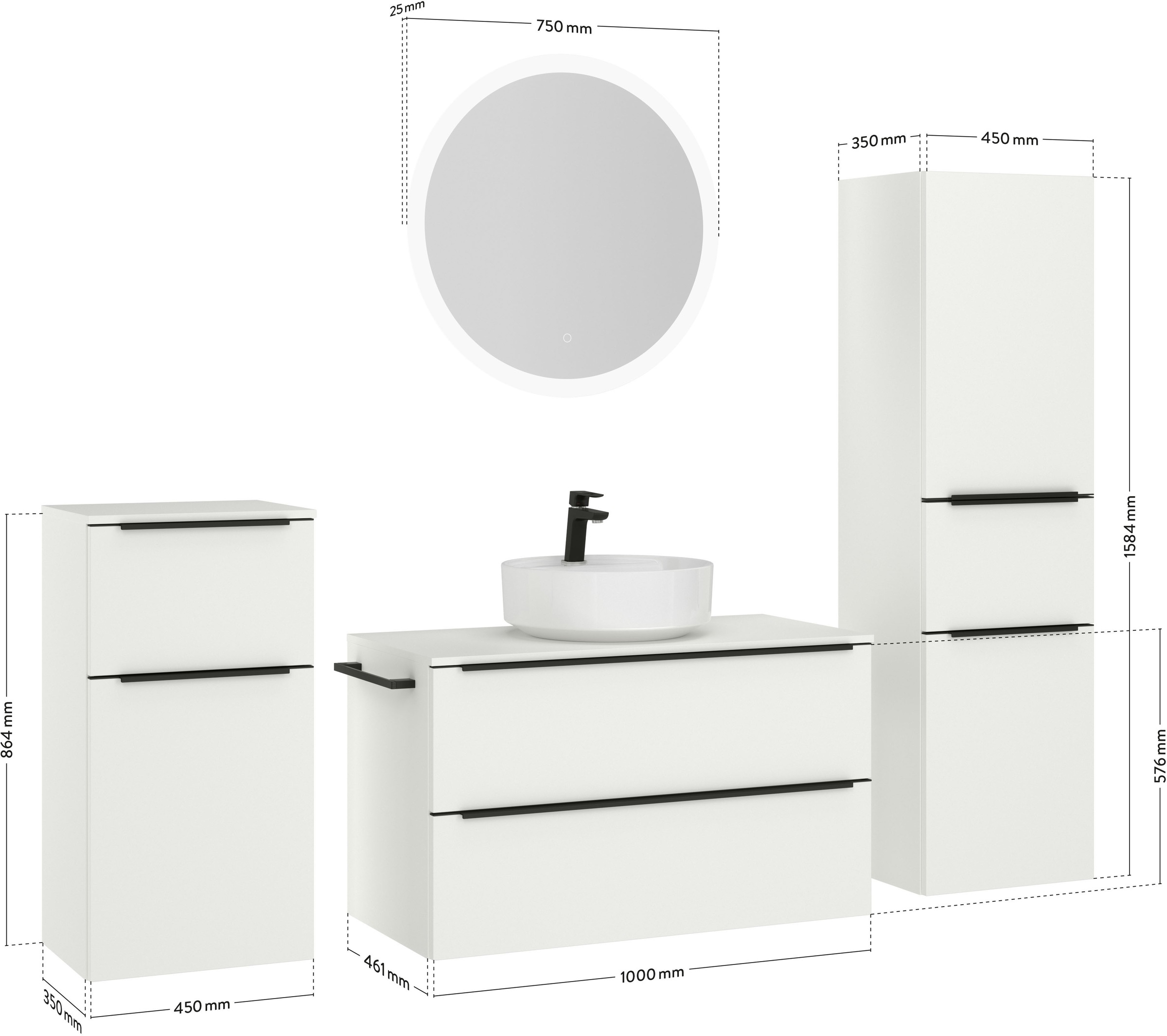 nobilia® Badmöbel-Set »Alvene«, (4 St., vormontiert, mit Soft-Close), inkl. Spiegel mit Touch-Sensor, in vier Breiten