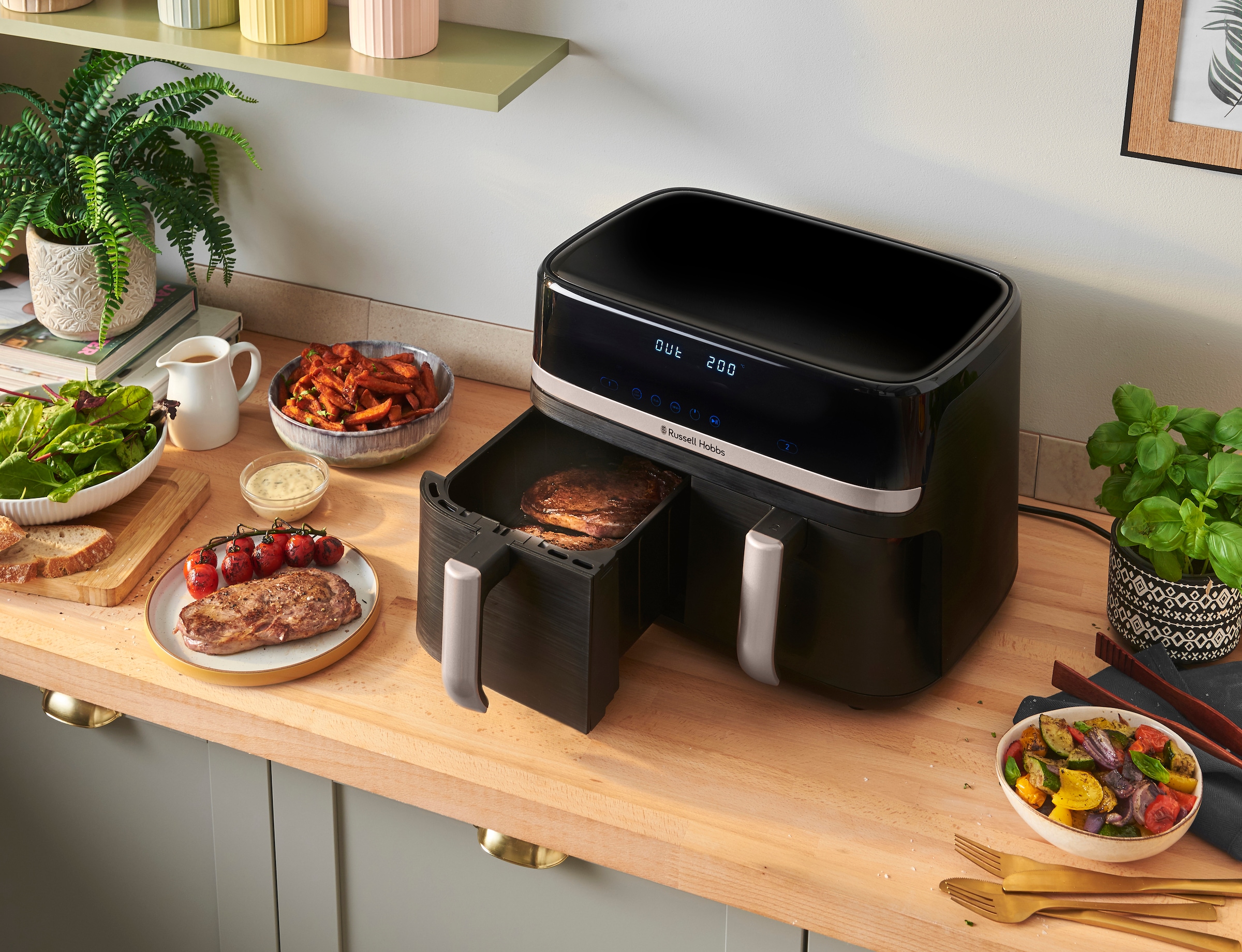 RUSSELL HOBBS Heißluftfritteuse »27680-56 s SatisFryTM Dual basket, 4,5L«, 2800 W, Airfryer–wenig oder kein Öl erforderlich, 9 Programme, 9 L
