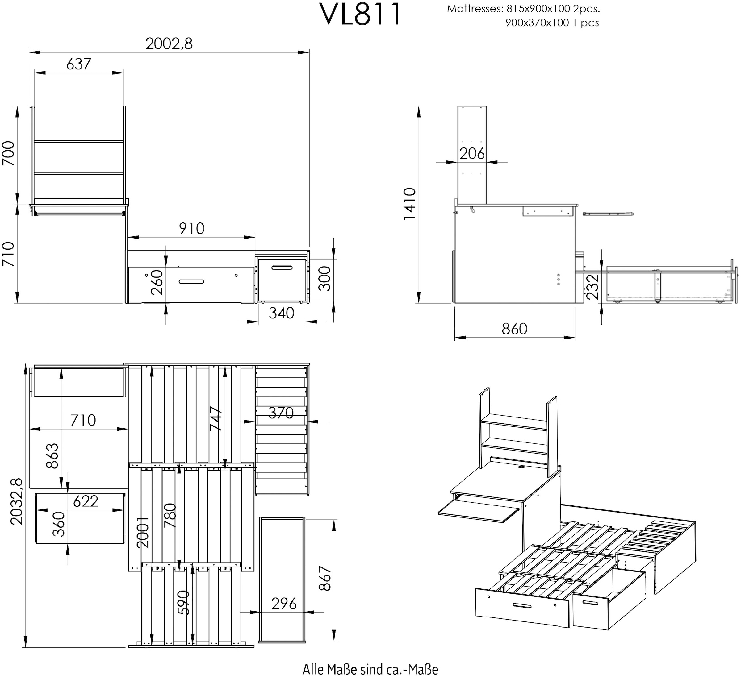 Lüttenhütt Etagenbett »Stockbett, Doppelstockbett "HENNE " zertifiziertes Massivholz«, mit Schreibtisch, Regale, ausziehbarem Sessel,OHNE MATRATZEN/AUFLAGEN!