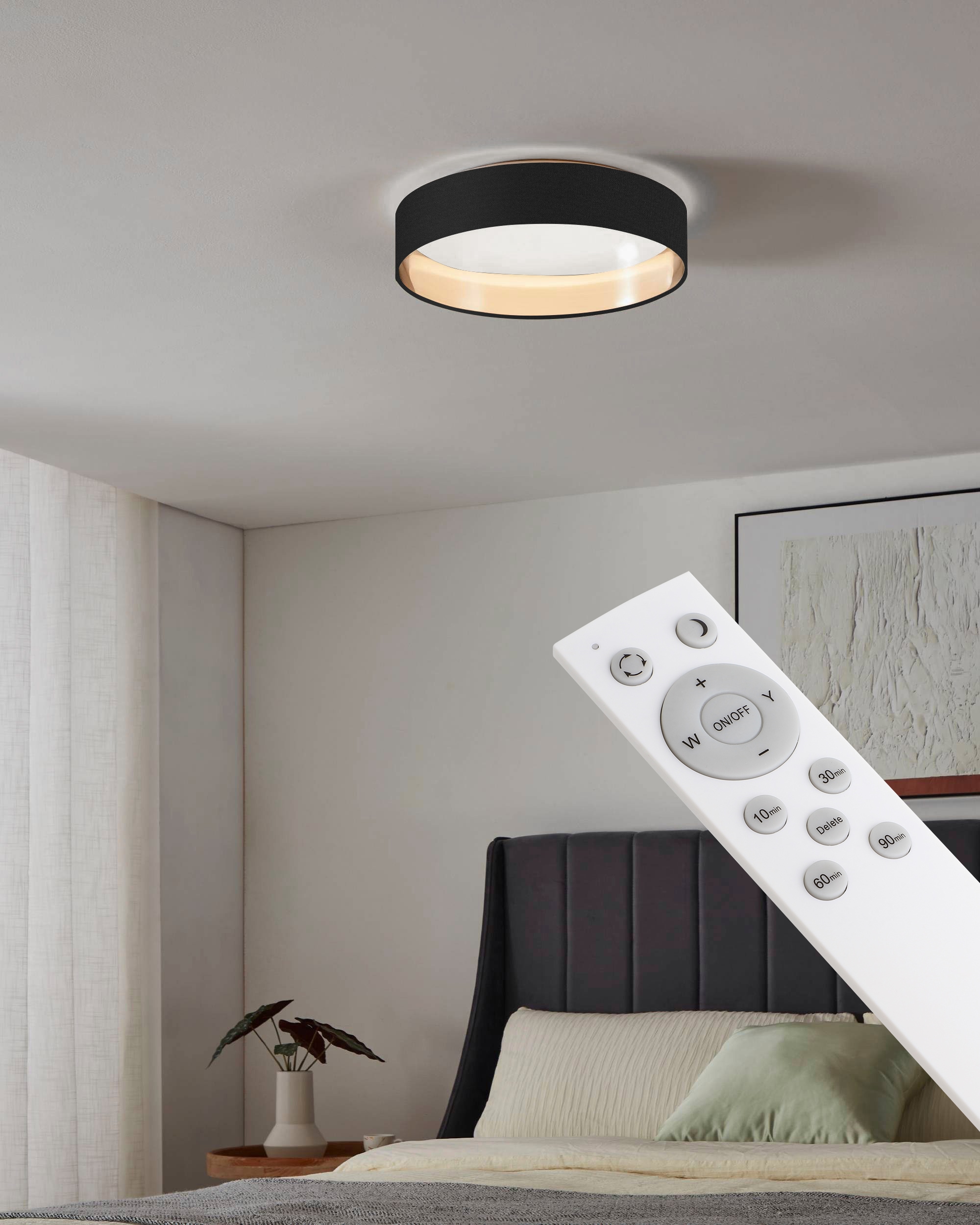 Leonique LED Deckenleuchte »Juria«, 1 flammig, Leuchtmittel LED-Modul | LED fest integriert, Deckenlampe Ø38 x H9 cm mit Textil-/Stoffschirm, CCT, Fernbedienung