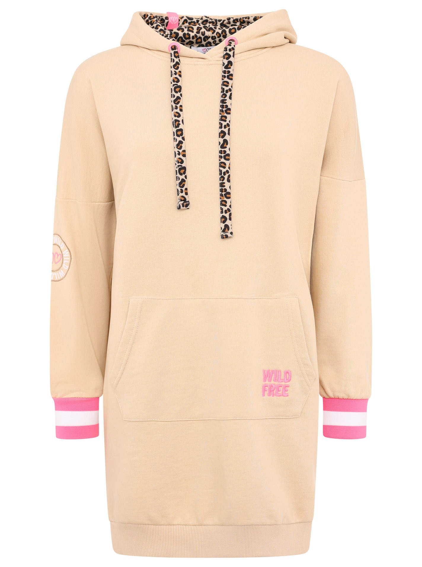 Zwillingsherz Sweatkleid »"Wild Free"«, mit Kapuze, Tasche, Leo-Detail und großer Stickerei hinten