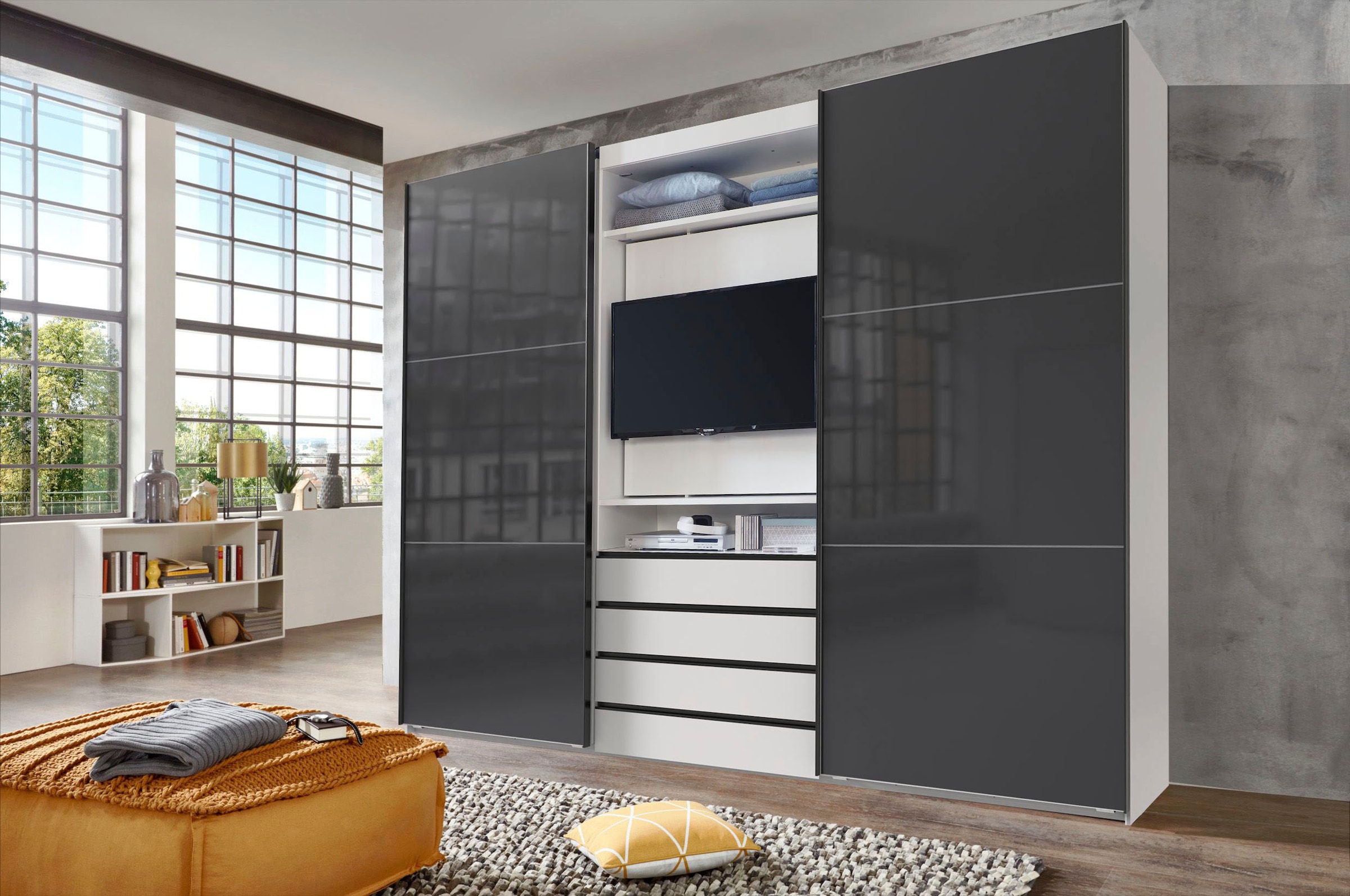 Wimex Schwebetürenschrank »Magic by fresh to go«, tolles EXTRA: mit drehbarem TV-Element, Fronten aus Glas