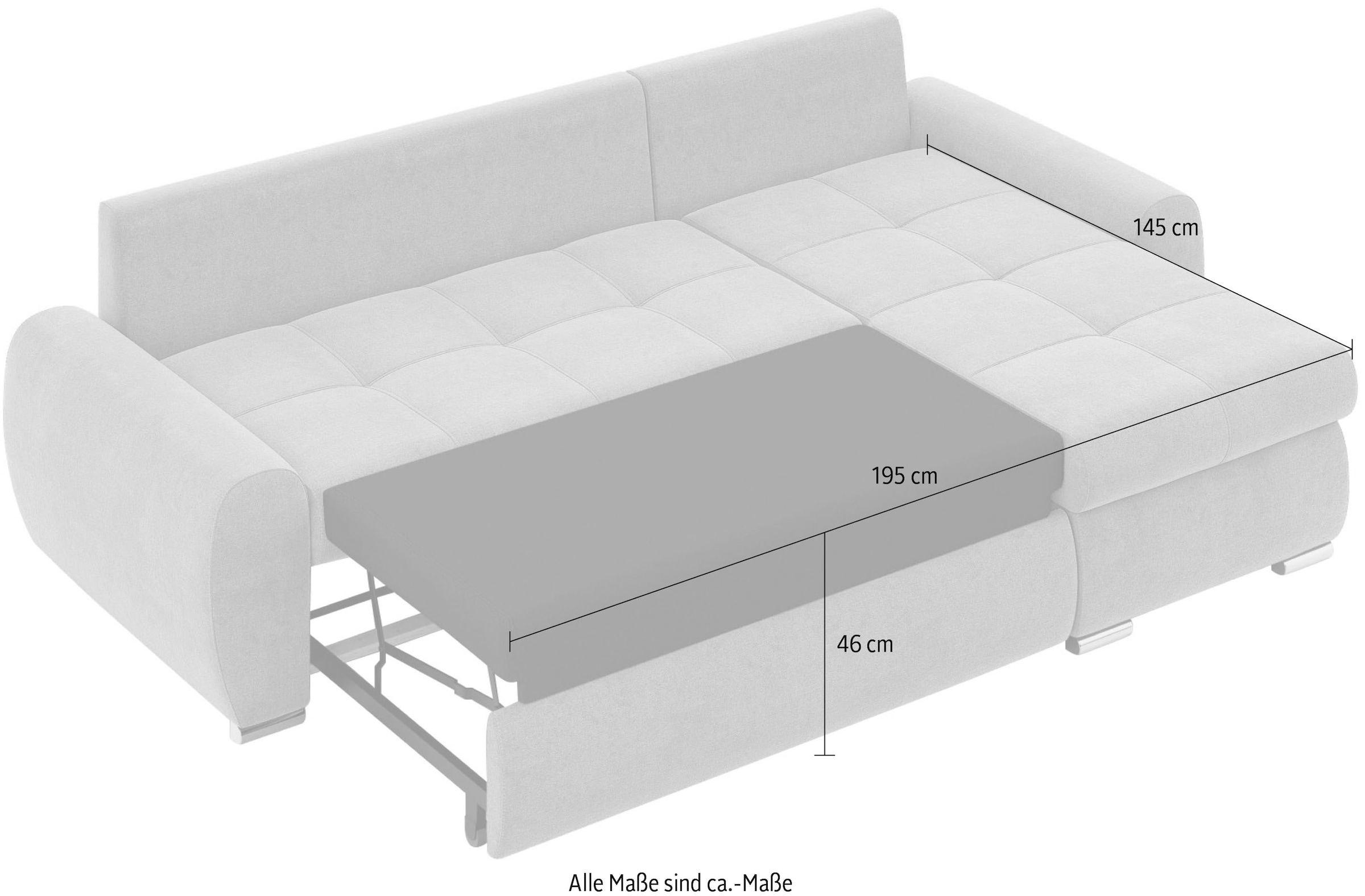 INOSIGN Ecksofa »HAVERHILL Schlafsofa mit Bettkasten, Maße B/H/T: 237/89/166 cm«, L-Form mit Recamiere links oder rechts bestellbar, Wellenunterfederung