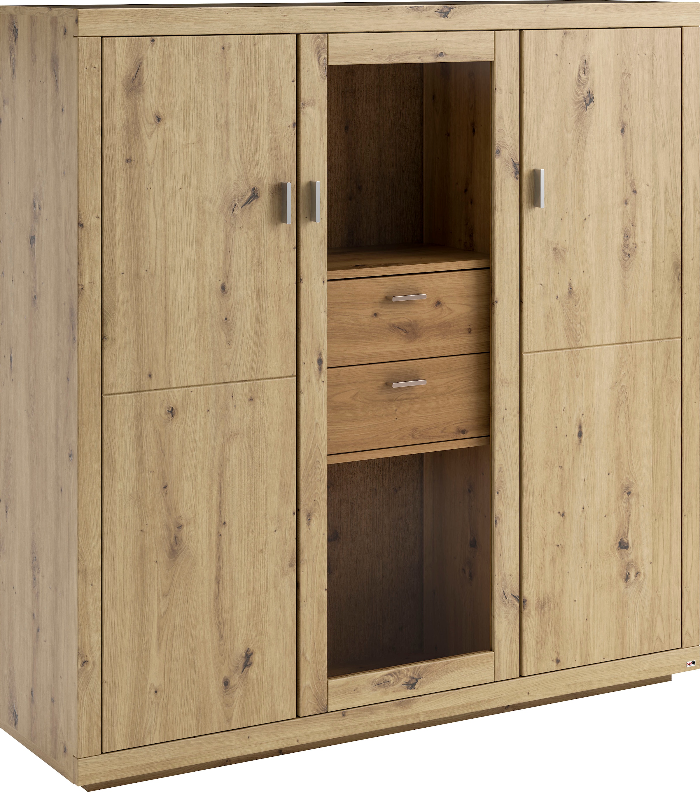 set one by Musterring Highboard »Chandler«, Rückwand mit sangestrahlter Optik, Tür mit Glasausschnitt