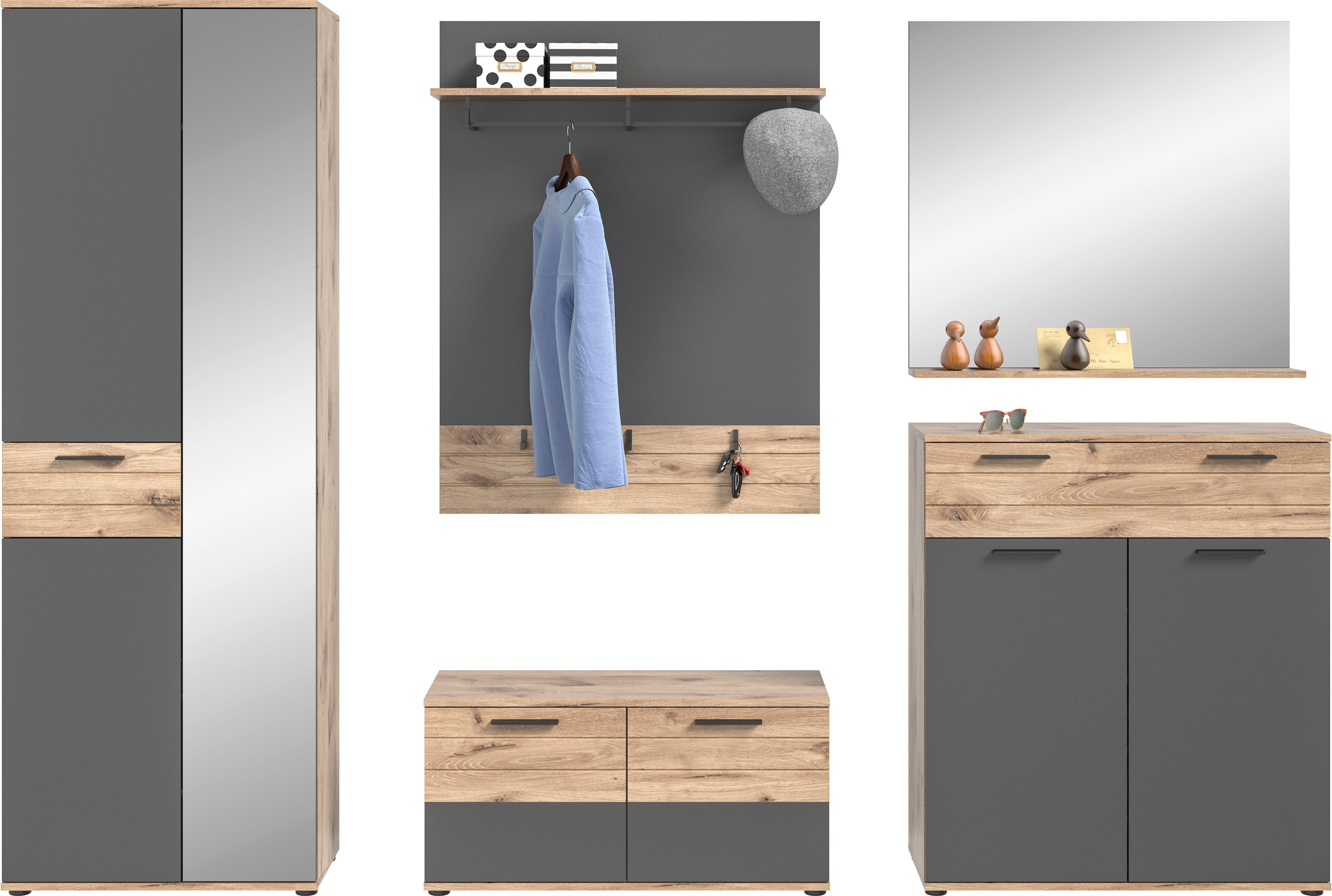 INOSIGN Garderoben-Set »Riga, Breite 280 cm, hochwertige Rillenfräsung, 5-teilig, best. aus:« Set, 5 Stk. tlg. Nox Oak NB/Basalt Grau NB/Nox Oak...