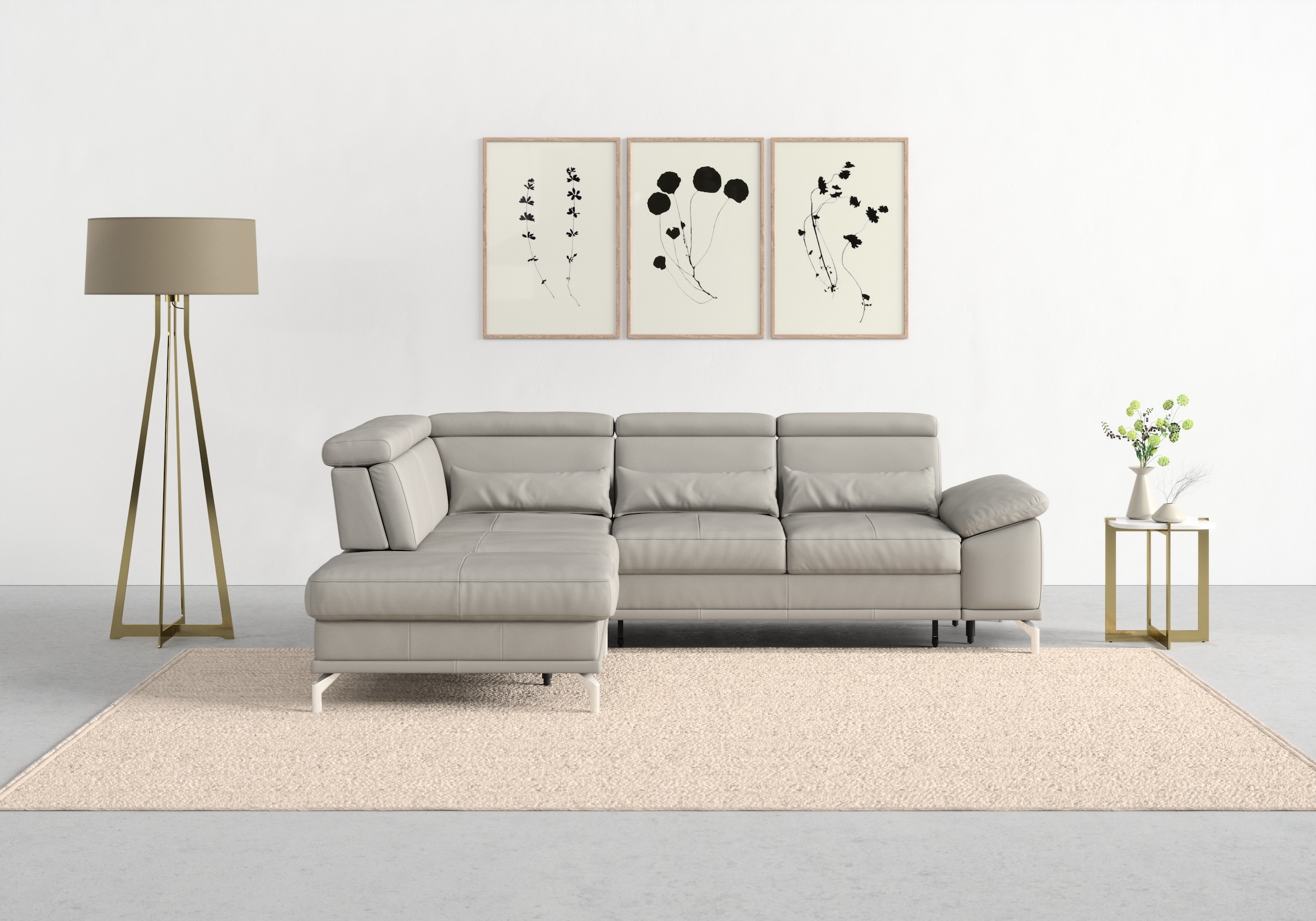 sit&more Ecksofa »Cabrio L-Form, mit Sitztiefenverstellung, Arm- und Kopfteilverstellung«, 3 Nierenkissen, Federkern, optional Bettfunktion und Stauraum