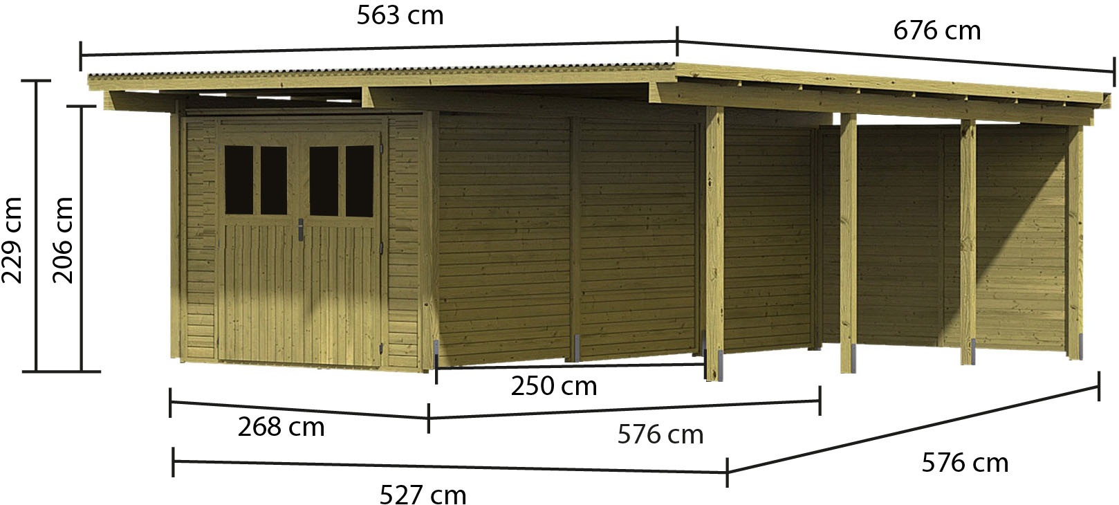 Karibu Doppelcarport »»ECO 2 SET« Variante B, AKTION kdi«, Masivholz, 509 cm, KDI, mit integriertem Abstellraum groß, 1 Rückwand