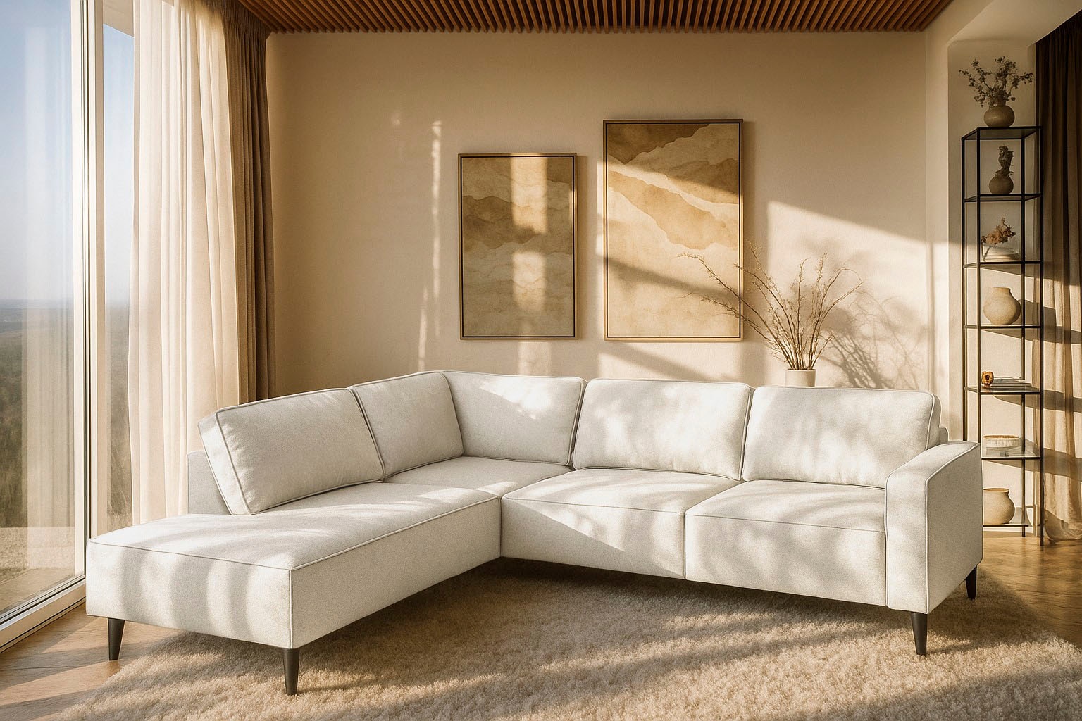 Places of Style Ecksofa »Fumone, Lederoptik oder Soft-Touch Chenille«, Breite 260, mit schwarzen Massivholzfüßen