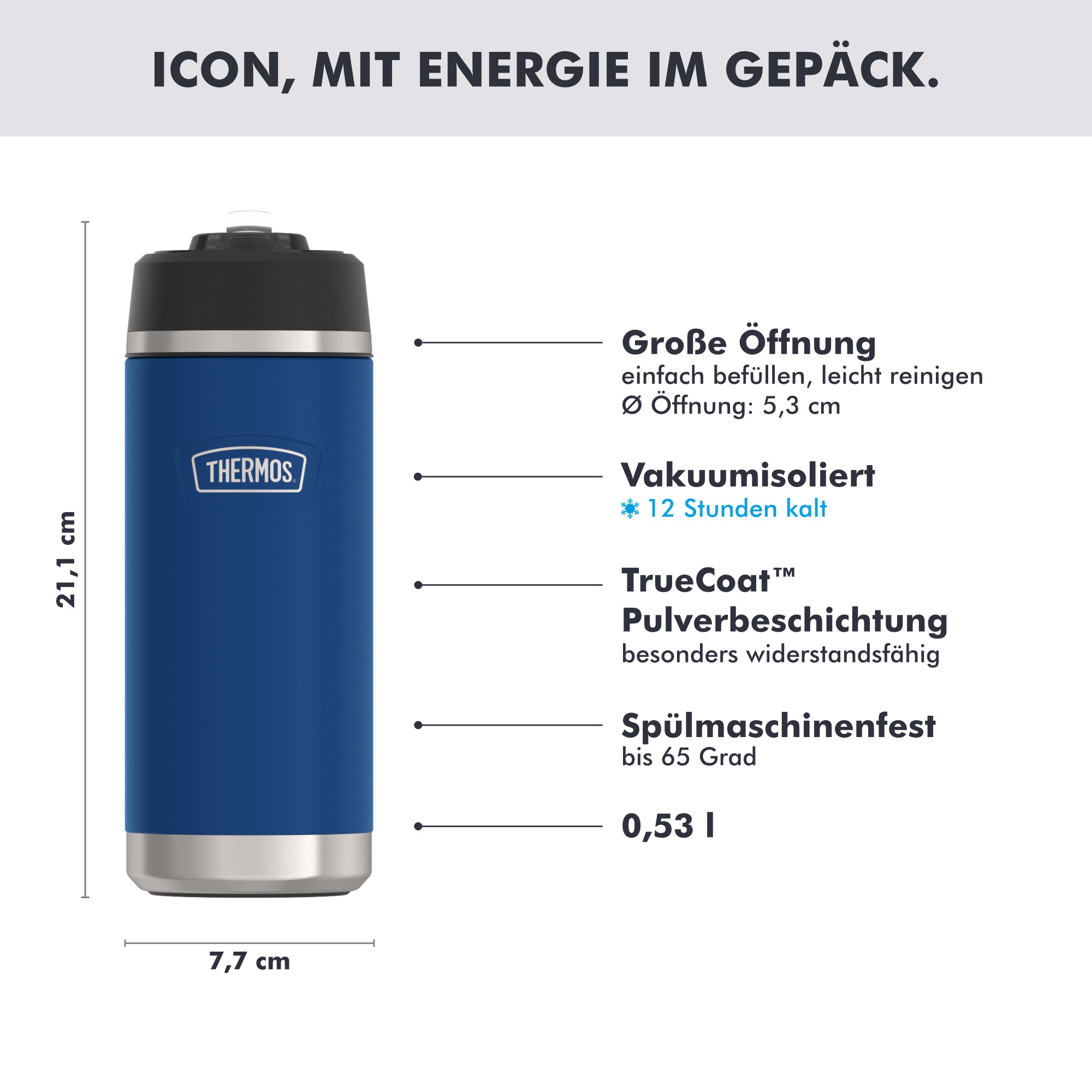 THERMOS Isolierflasche »ICON WATER BOTTLE, Edelstahlkörper, spülmaschinenfest« 0,53l, 12h kalt, schappsicher mit einklappbarem Flip-Strohalm