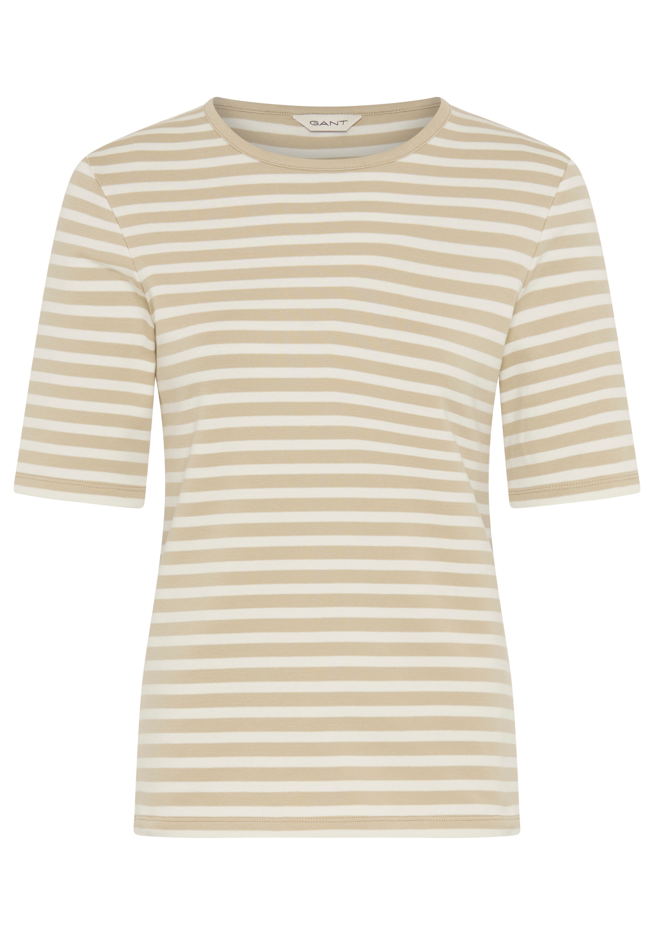 Gant T-Shirt »SLIM STRIPED 1X1 RIBBED KA T-SHIRT« mit dezentem Logoschriftzug am Ärmelabschluss