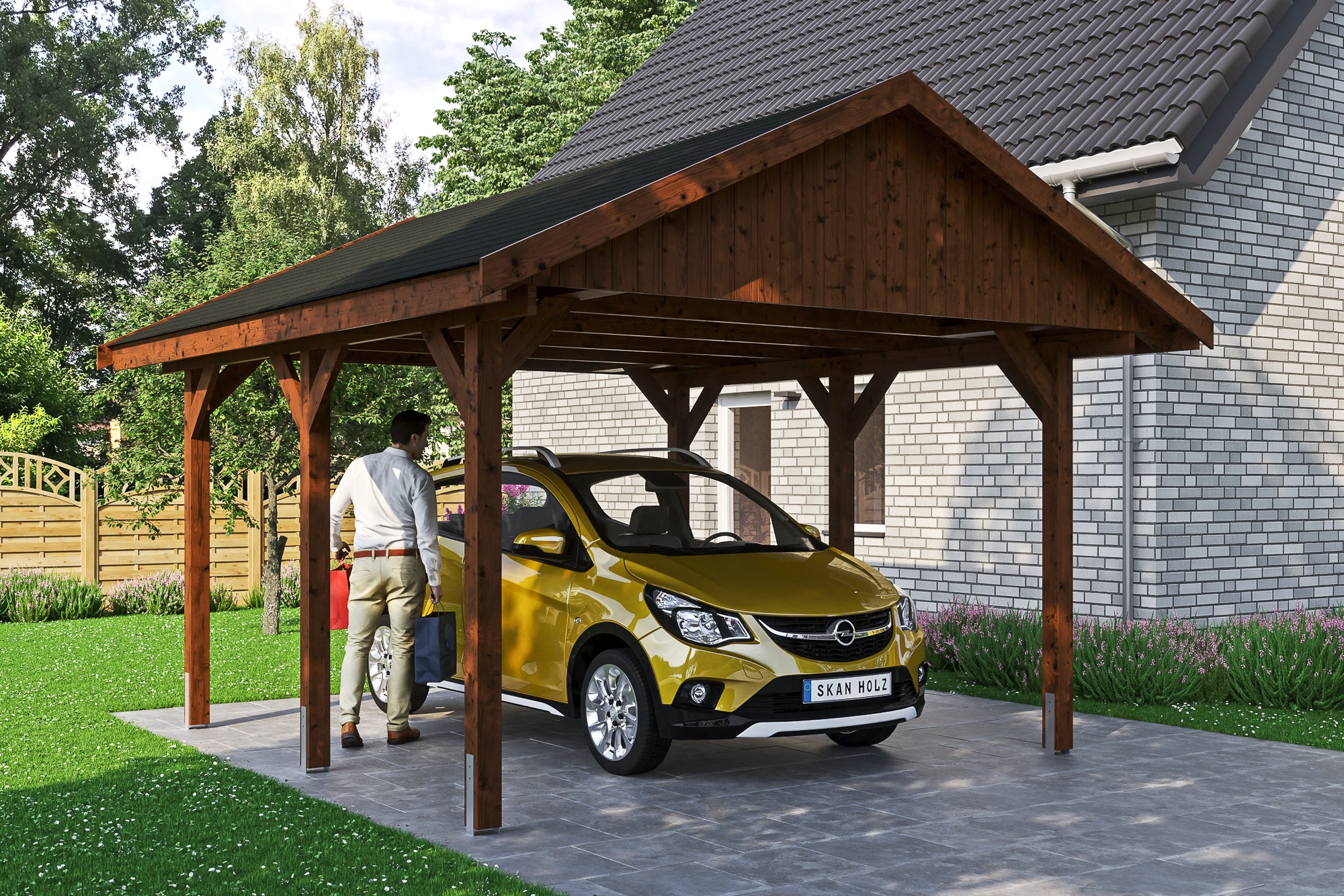 Skanholz Einzelcarport »Wallgau«, 340 cm, Nussbaum, mit schwarzen Dachschindeln