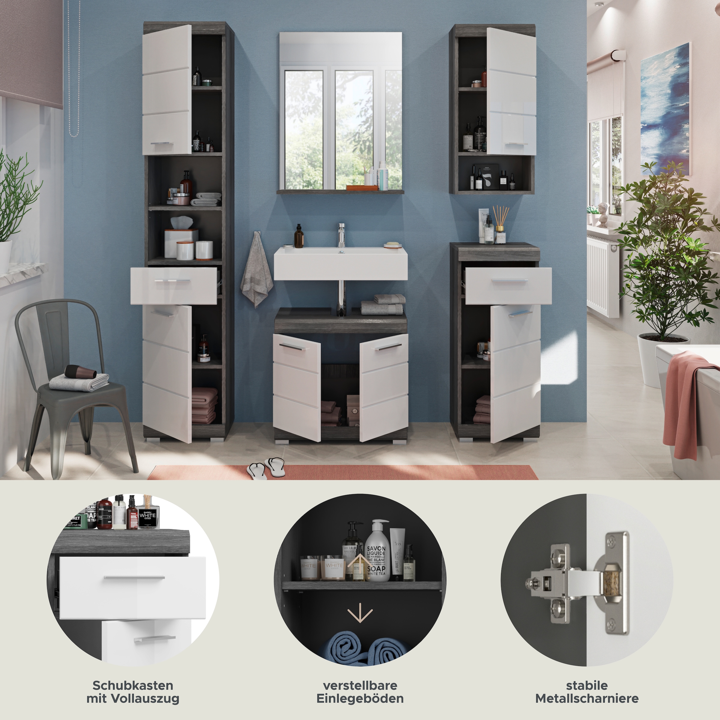 INOSIGN Badmöbel-Set »Siena, 5 teilig, bestehend aus:«, (Set, 5 St.), Hochschrank, WBU, Spiegel, Unterschrank, Hängeschrank