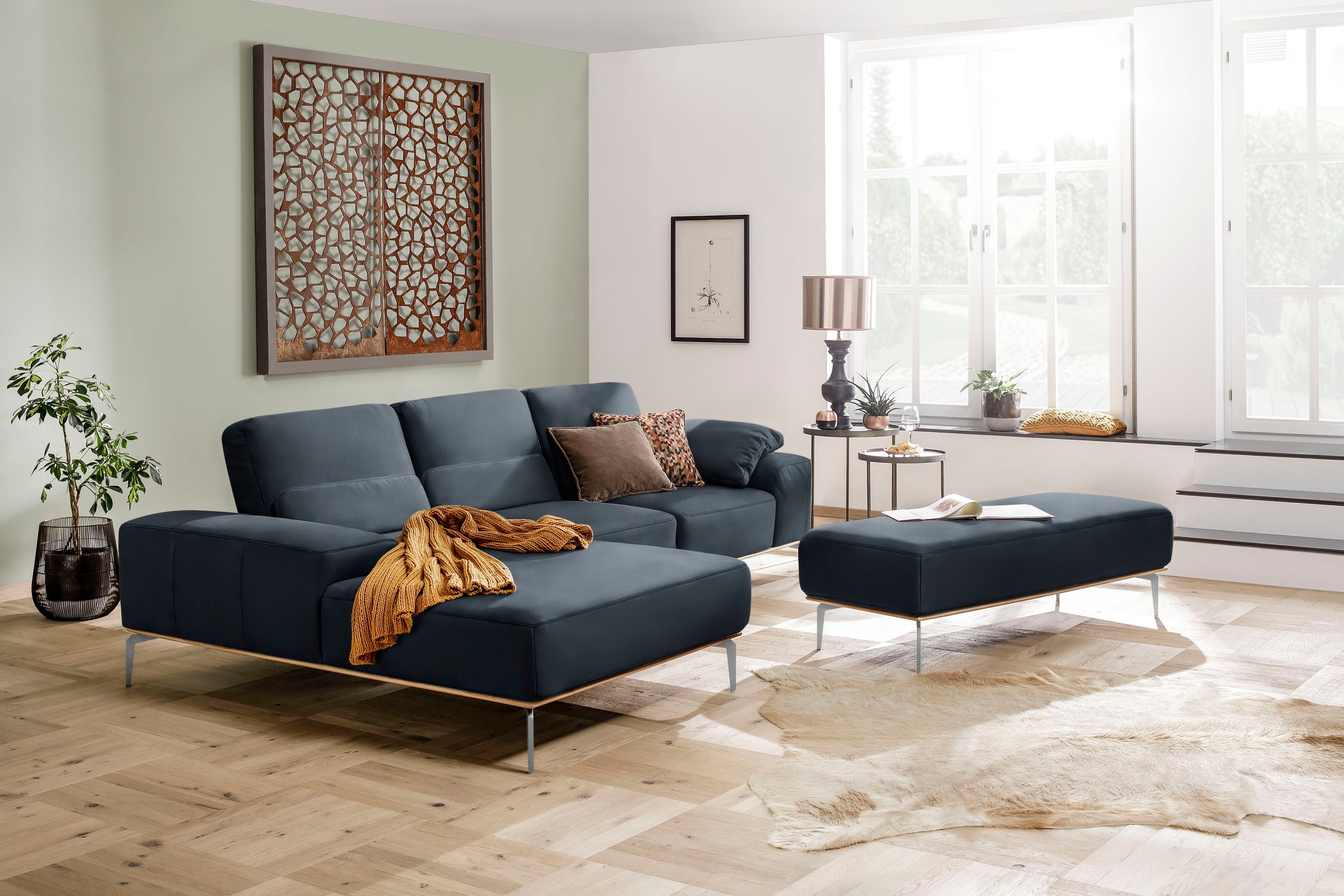W.SCHILLIG Polsterhocker »run«, mit elegantem Holzsockel, Füße in Chrom glänzend, Breite 150 cm