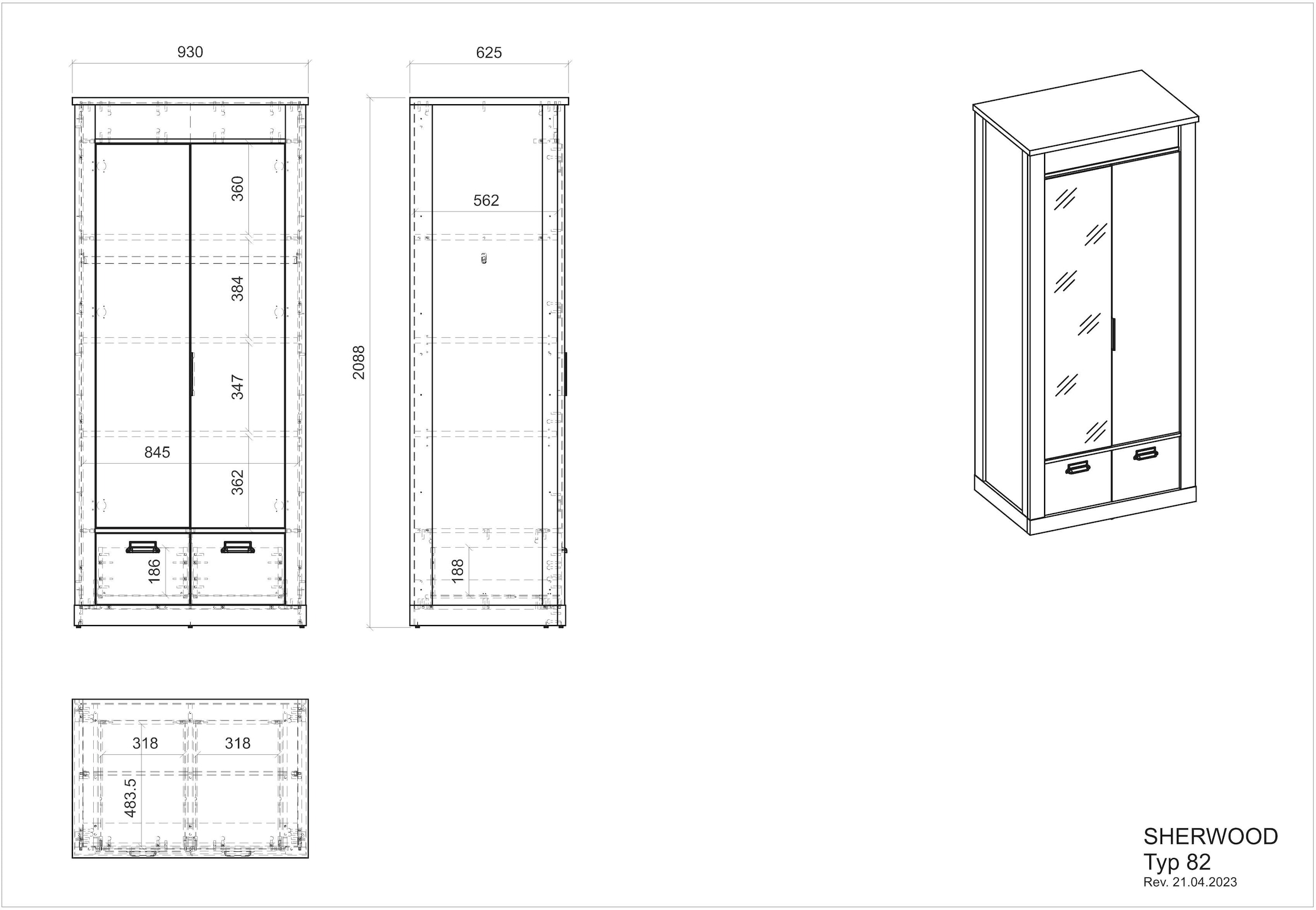 Home affaire Kleiderschrank »SHERWOOD Wäscheschrank Garderobe mit Spiegel«, wahlweise mit Kleiderstange oder Einlegeböden nutzbar, Breite 93 cm