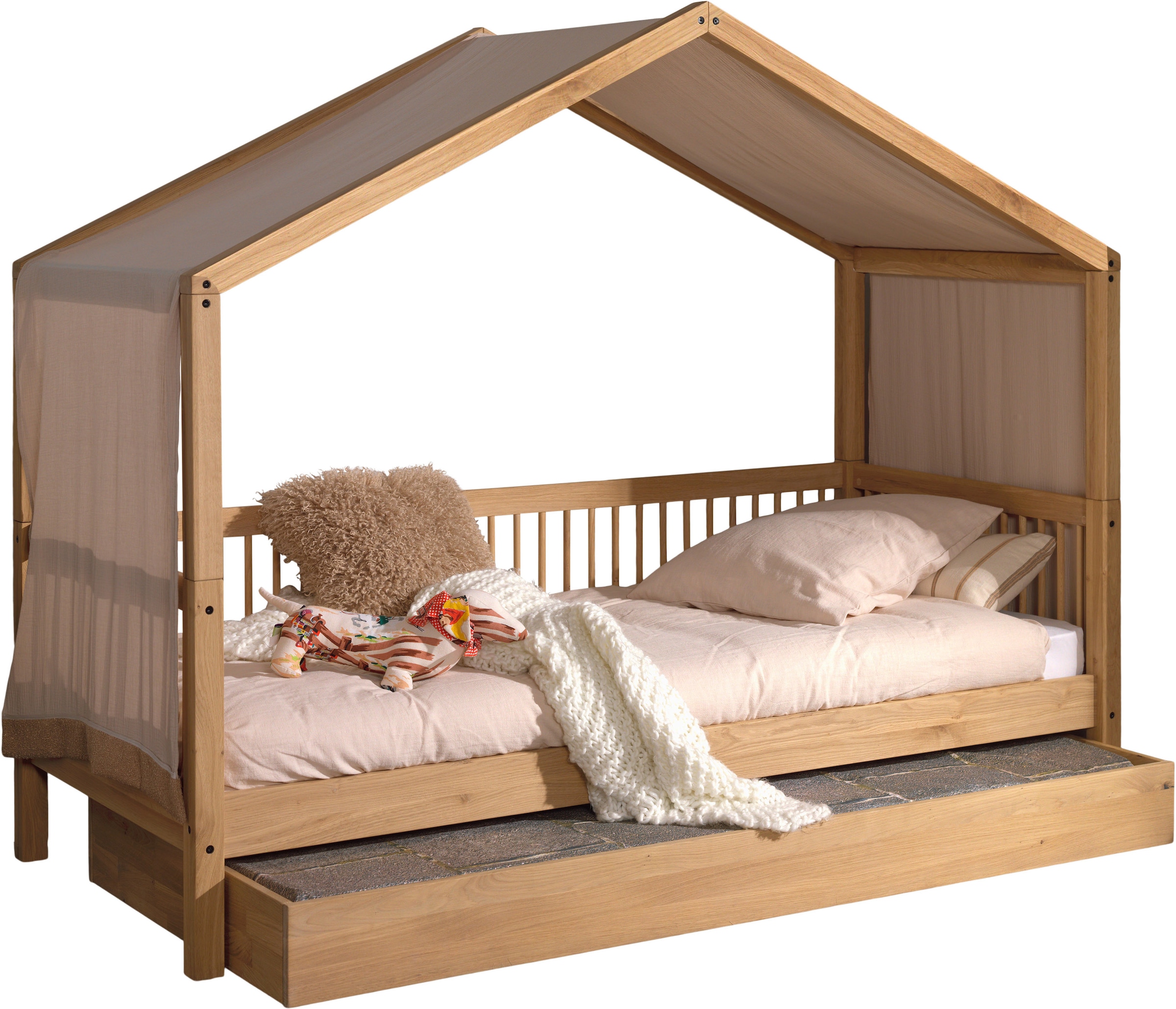 Home affaire Hausbett, (Made in Europe), aus massiver Eiche geölt, LF90x200 cm, m. Textilhimmel, Bettschublade