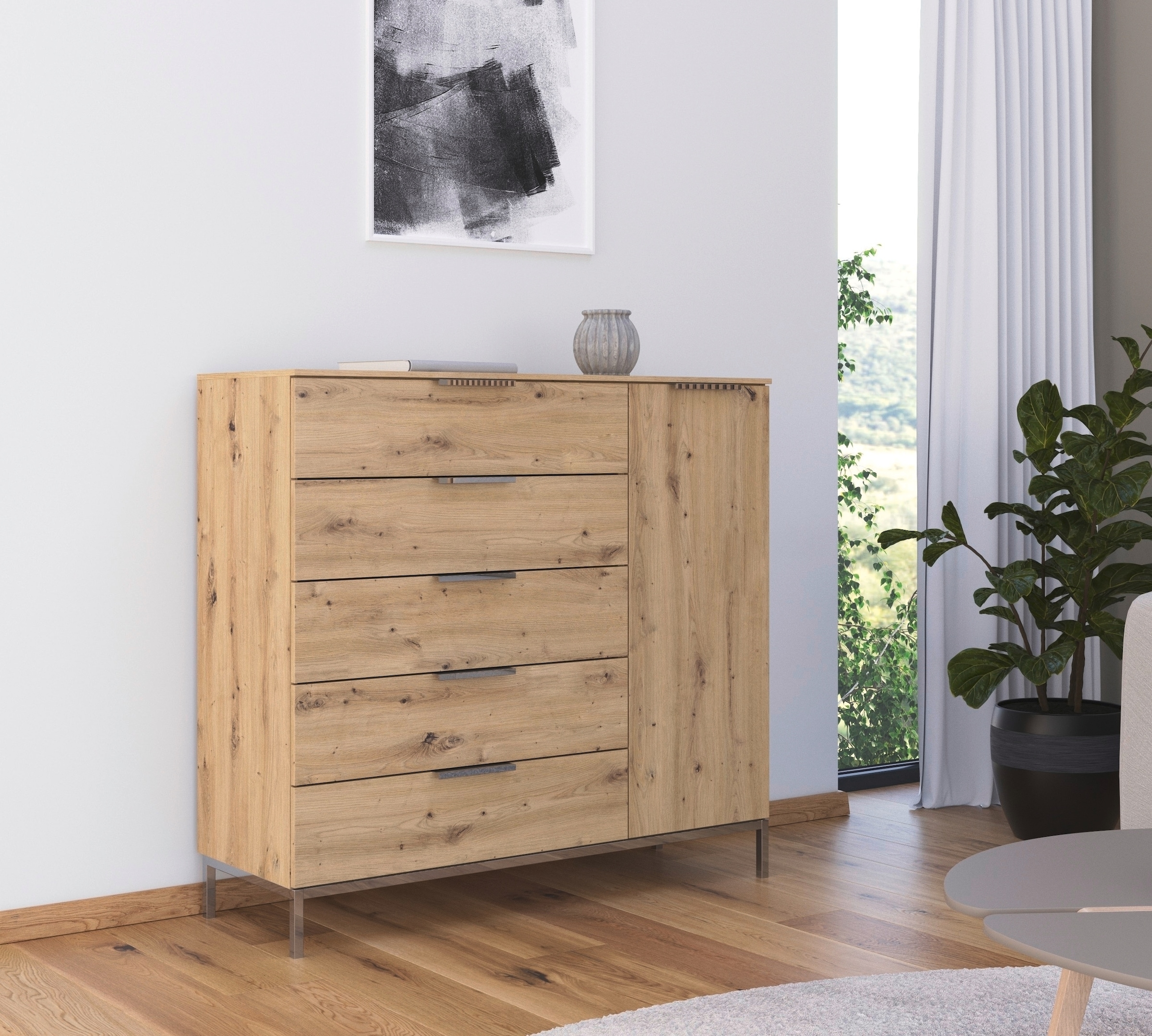 rauch Kombikommode »Kommode Türkommode Sideboard Kombikommode FLIPP«, (Breite 120 cm mit 2 Einlegeböden), 1-türig mit 5 Schubladen und Soft-Close-Funktion