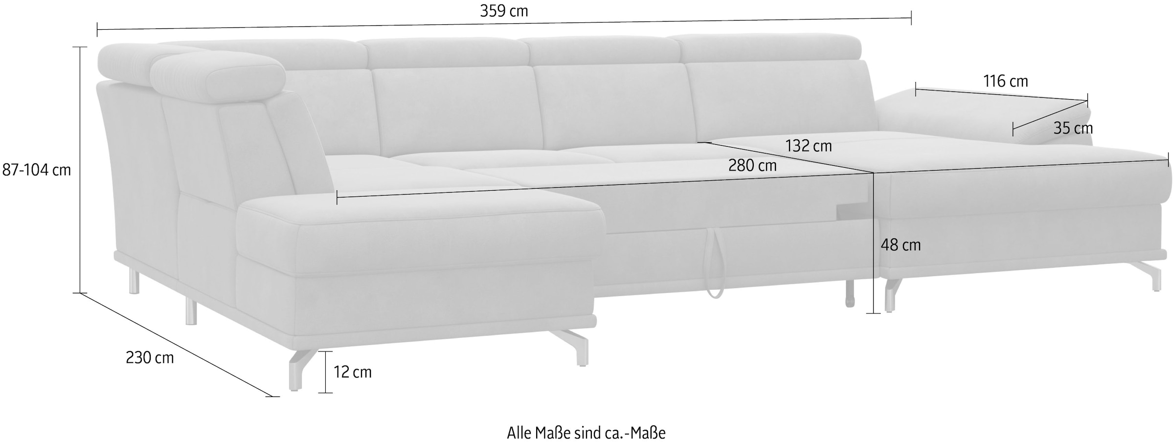 sit&more Wohnlandschaft »Cabrio U-Form, mit Sitztiefenverstellung, Arm- und Kopfteilverstellung«, 3 Nierenkissen, Federkern, optional Bettfunktion und Stauraum