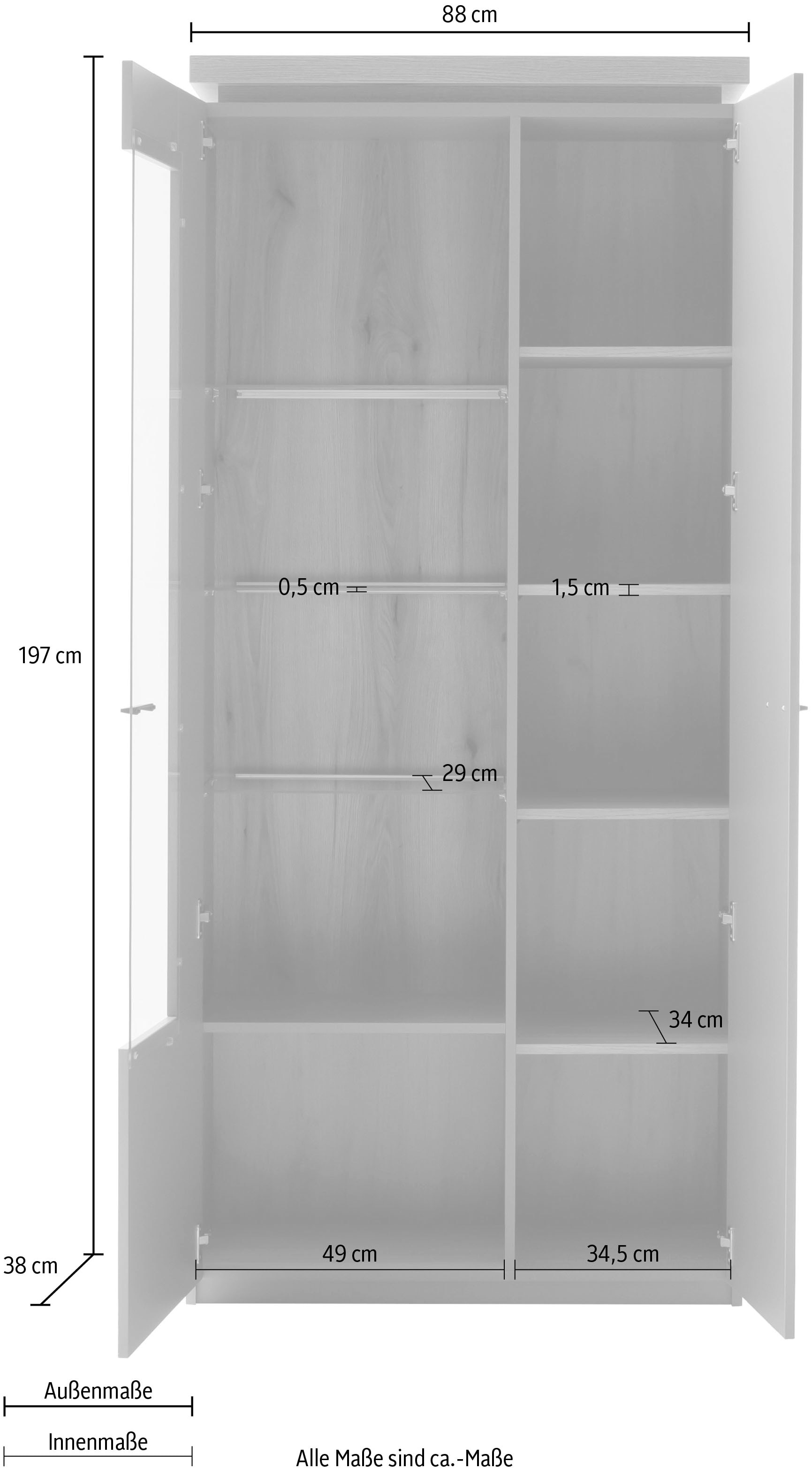 MCA furniture Vitrine »Moniz Kombi-Vitrine«, (1 St.), Standvitrine,Glasvitrine,Metallgriffe,1 Tür, 3 Glasböden, Höhe 197 cm