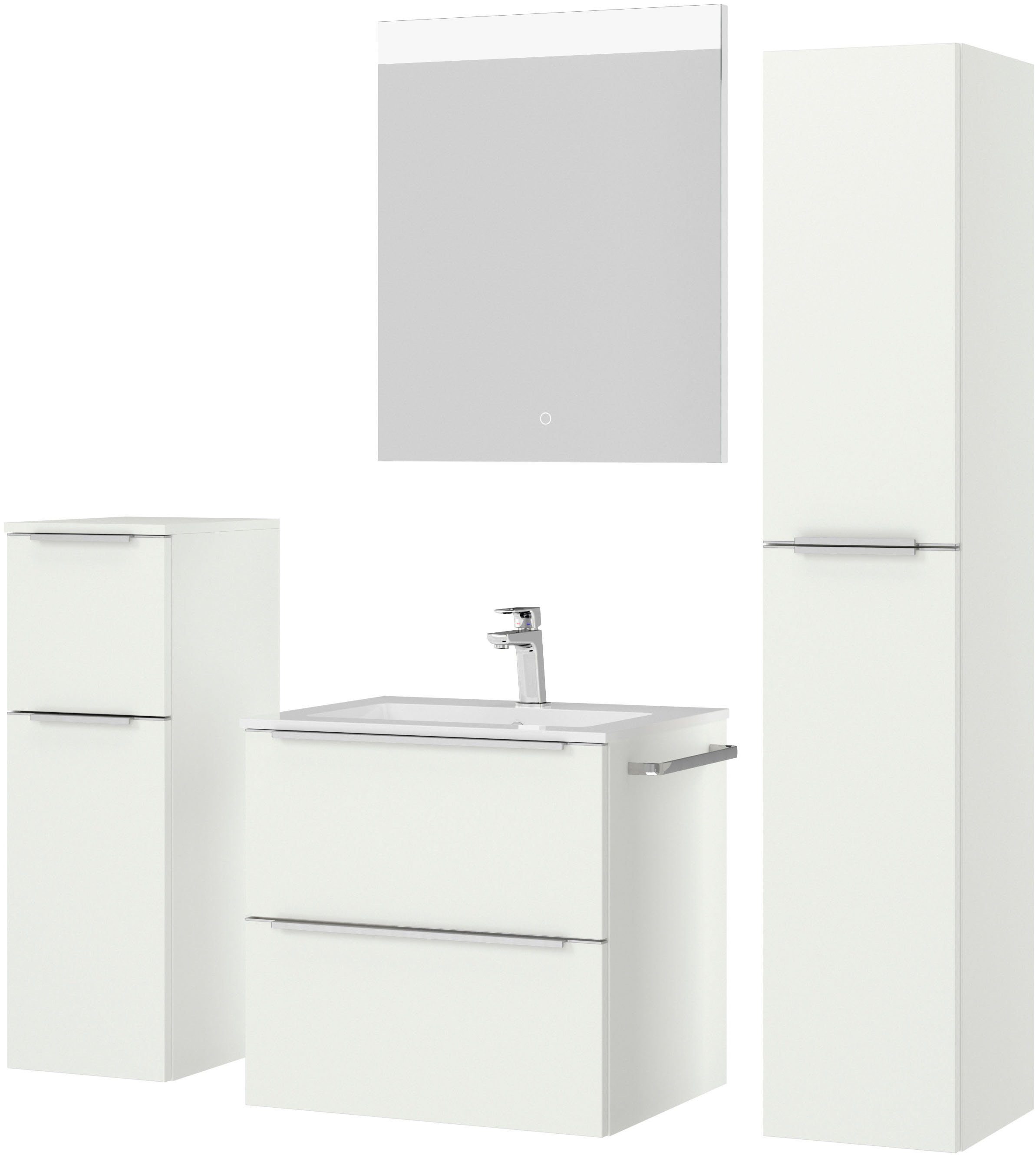 nobilia® Badmöbel-Set »Levere«, (4 St., vormontiert, mit Soft-Close), inkl. Spiegel mit Touch-Sensor, in vier Breiten
