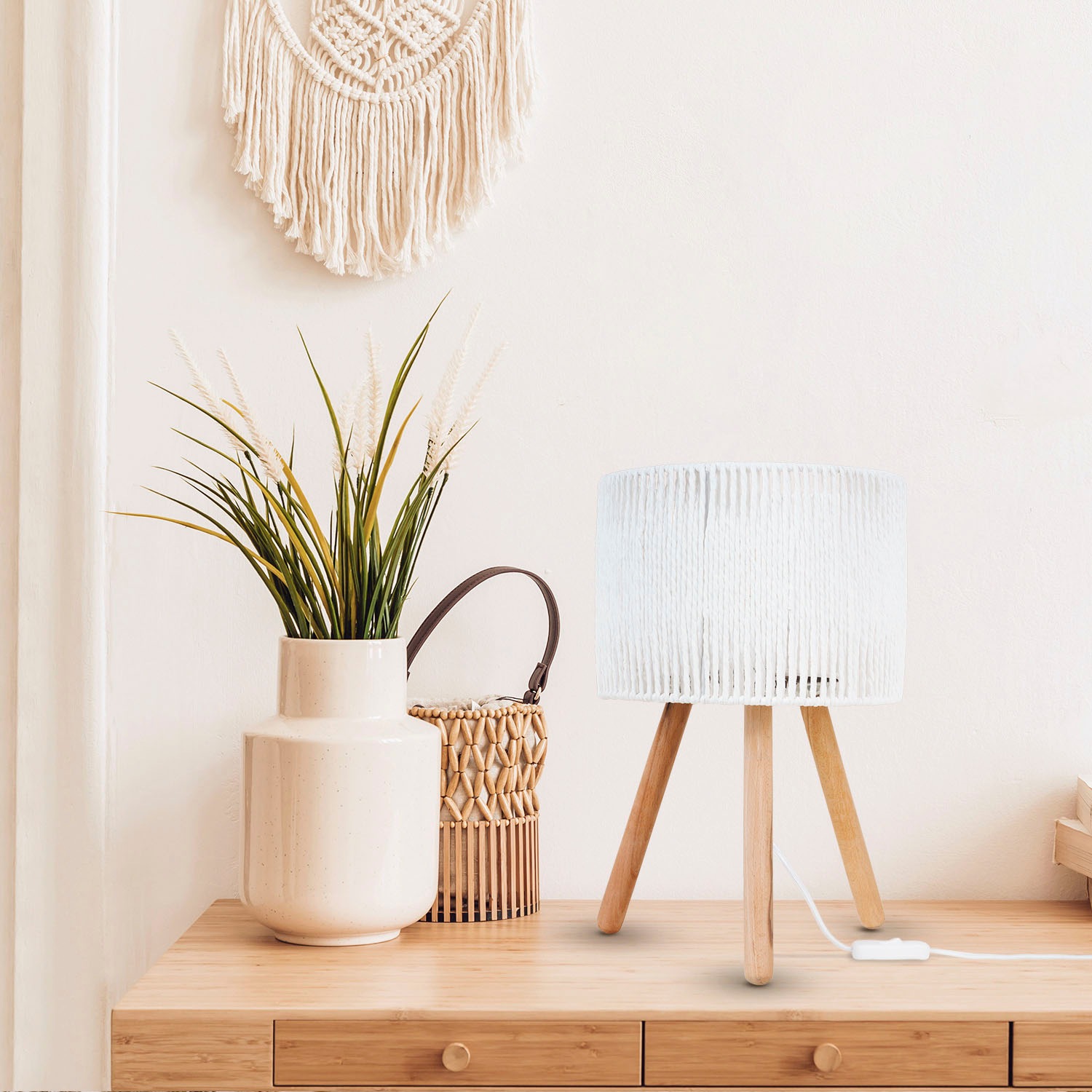 Paco Home Tischleuchte »PITA«, Leuchtmittel E27 | ohne Leuchtmittel, Nacht Schreib Lampenschirm Boho Holz Stativ E27