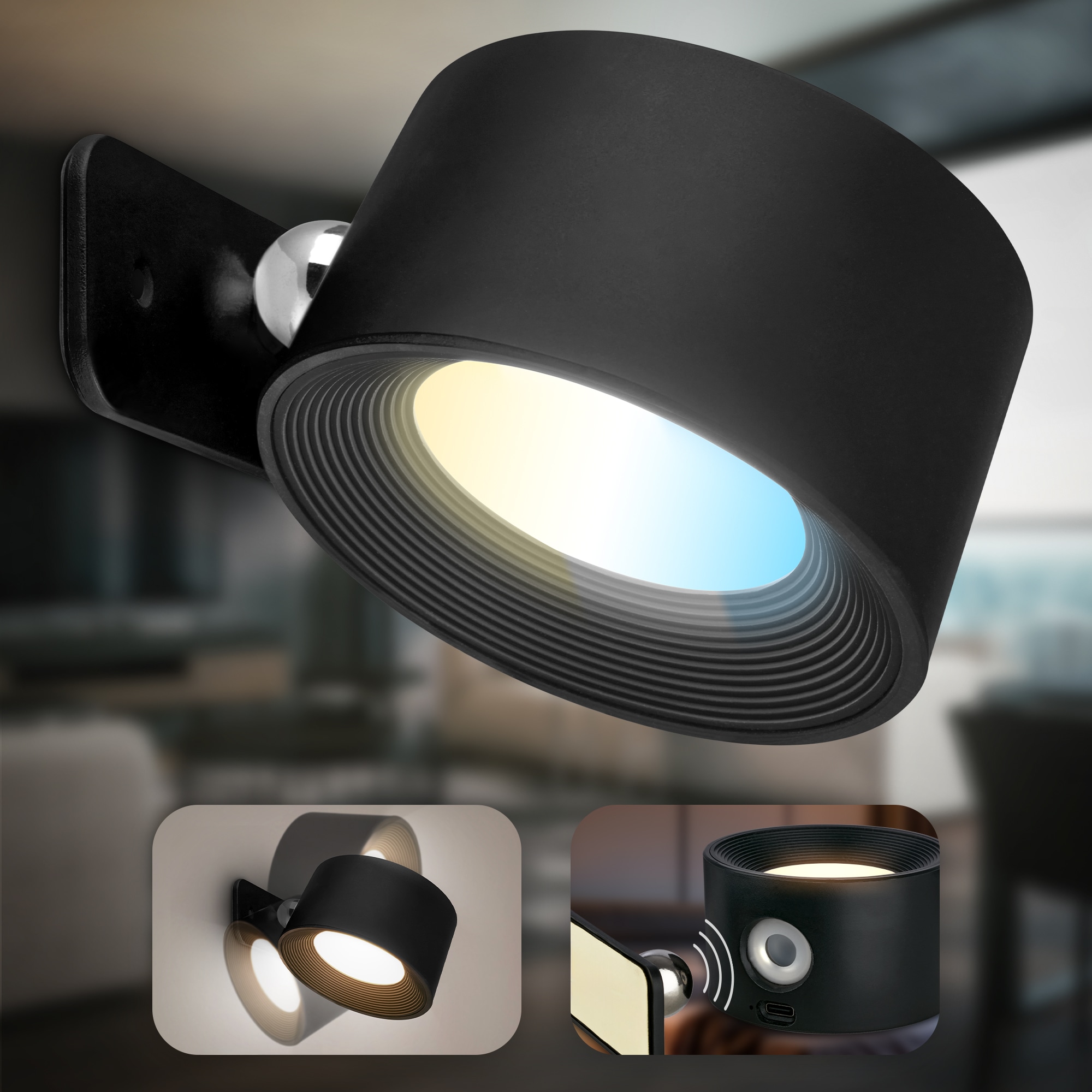 B.K.Licht LED Wandleuchte »BKL1597 Magnetische Akku Wandlampe, 3-Stufen Dimmer, mit USB-C«, 1 flammig, Leuchtmittel LED-Modul | LED fest integriert, CCT-Funktion, 150Lm, 2W, 14h Leuchtdauer, 4,5 x 8 x 9,5 cm, Schwarz