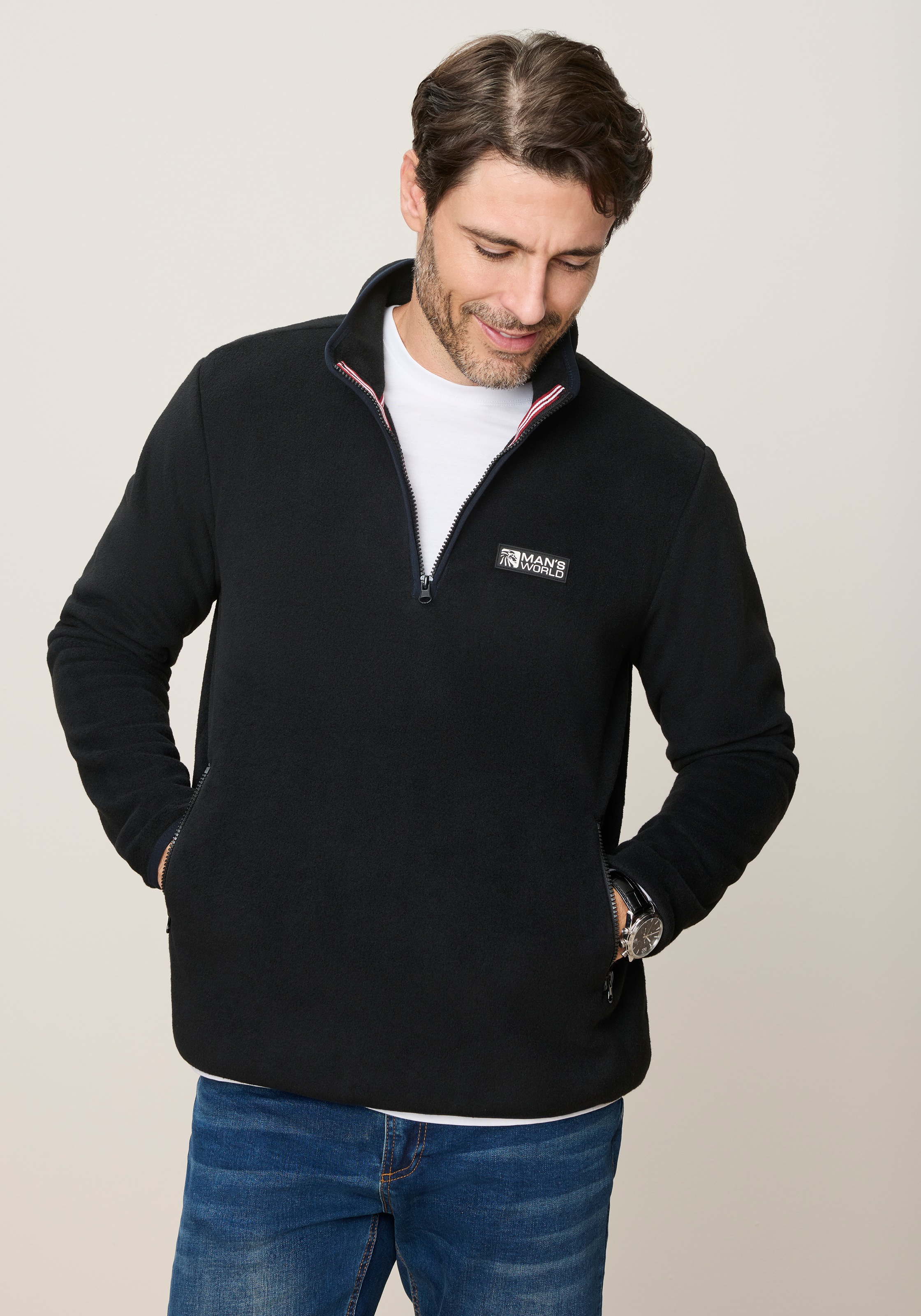 Man's World Fleecepullover , mit hochschließendem Kragen und Reißverschluss, Langarm
