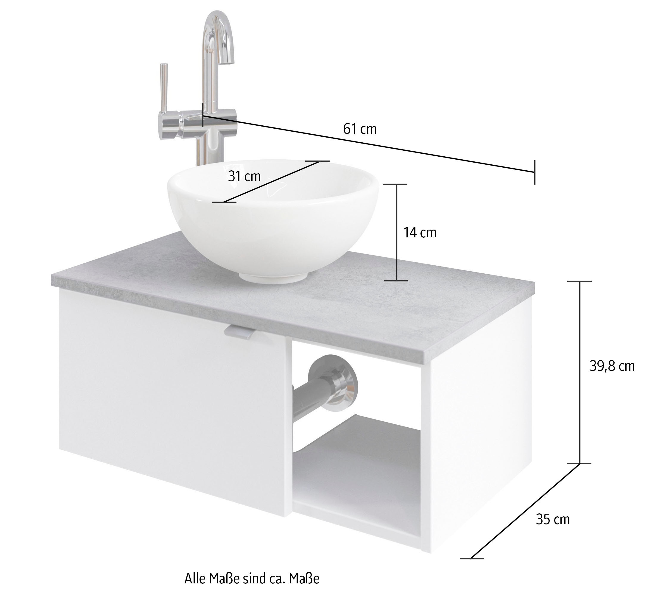 Saphir Waschtisch »Serie 6915 Waschschale mit Unterschrank für Gästebad, Gäste WC«, 61 cm mit Keramik-Aufsatzbecken, 1 Tür und 1 Fach
