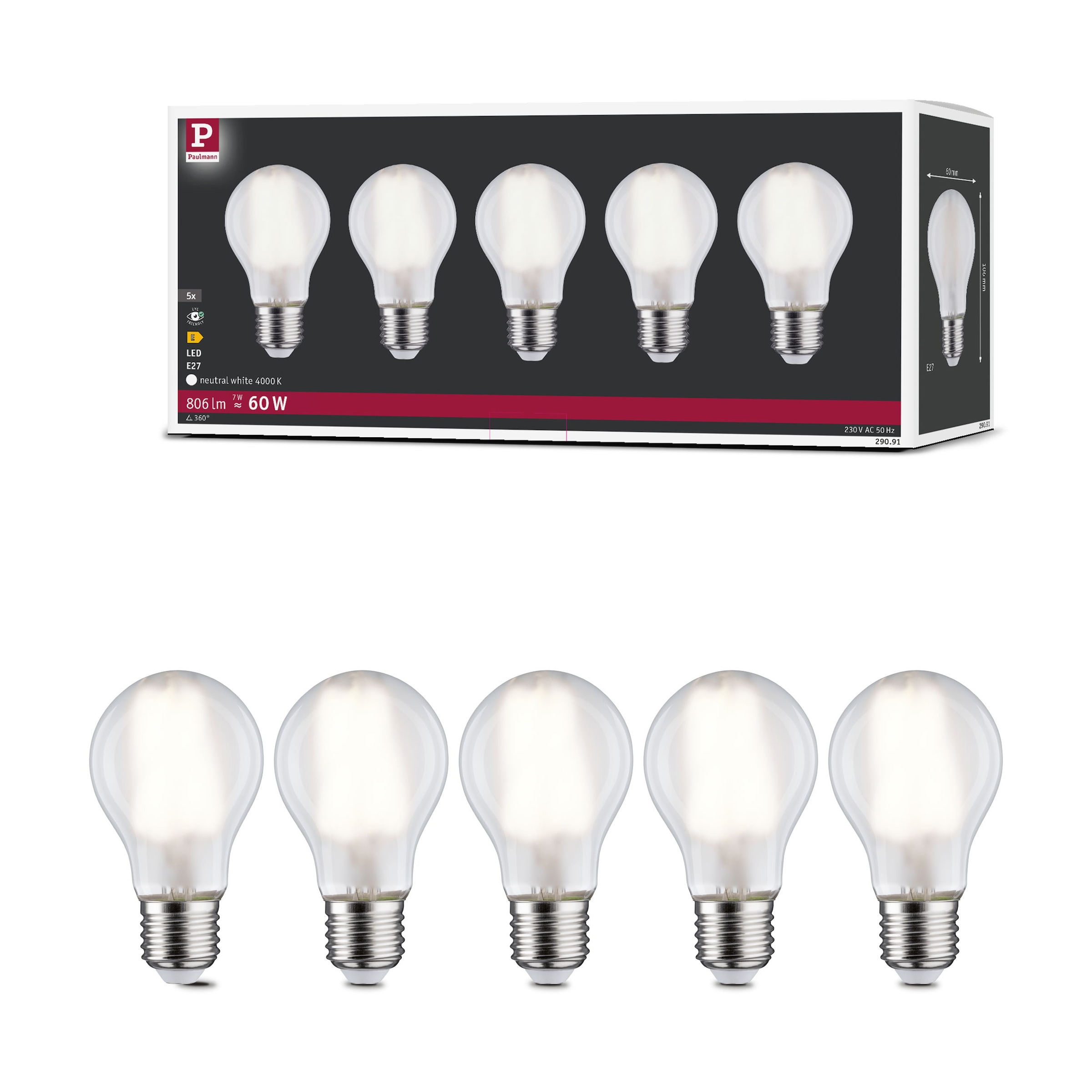 Paulmann LED-Leuchtmittel »5er Pack AGL 806lm 4000K matt 230V« E27 5 Stk. Neutralweiß