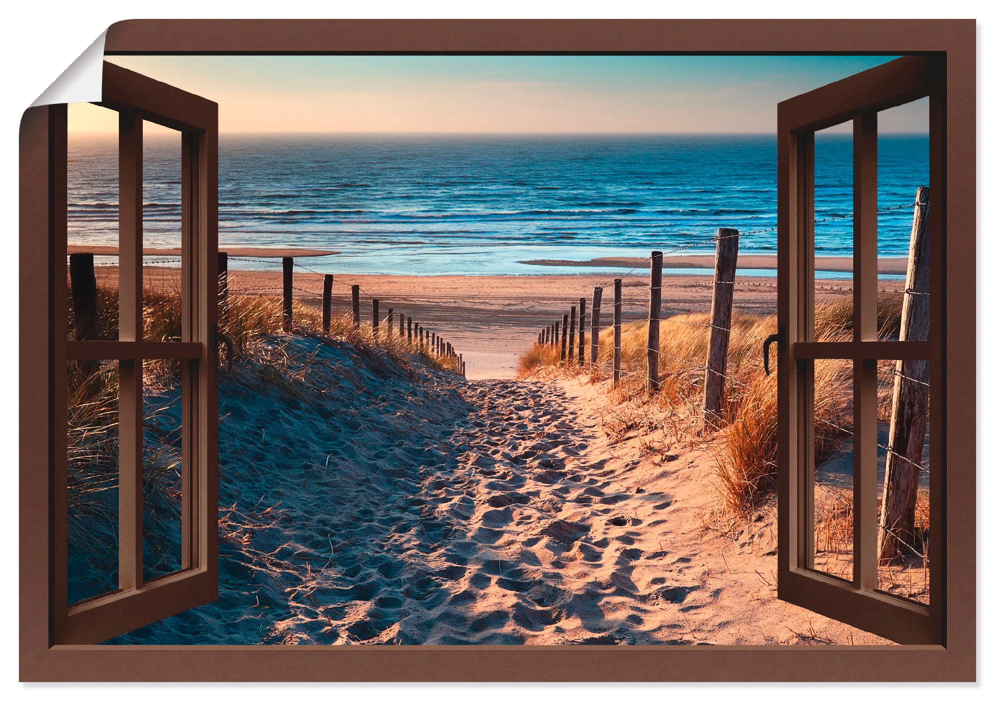 Artland Wandbild in (1 Leinwandbild, Größen »Fensterblick Strand, als auf oder Raten kaufen versch. St.), Nordseestrand«, Weg Wandaufkleber zum Poster