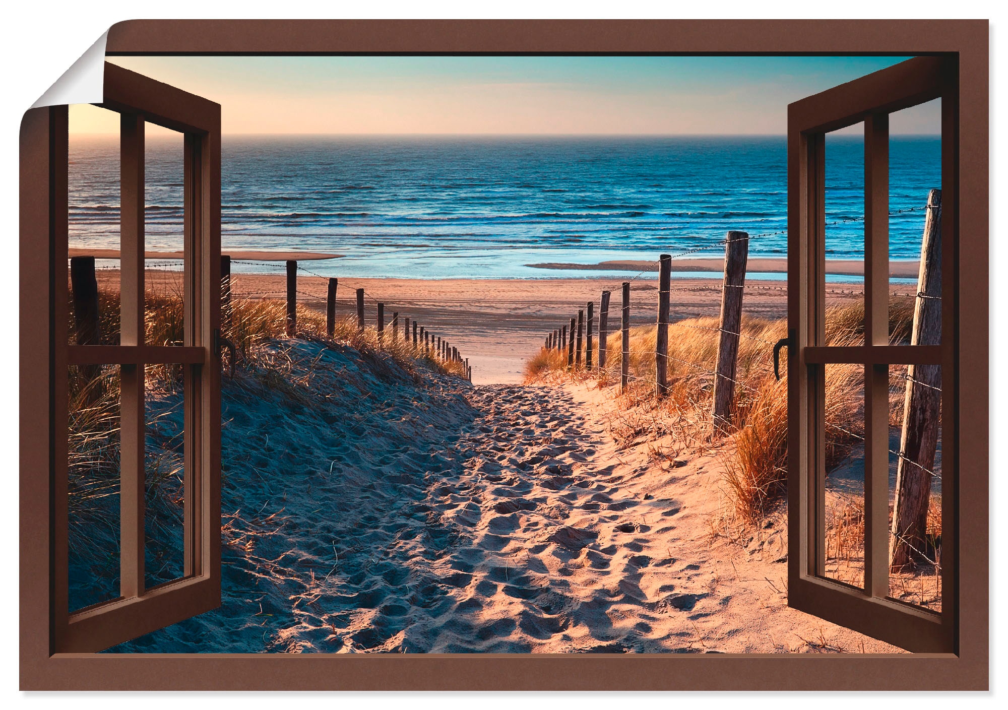 Artland Wandbild kaufen St.), »Fensterblick versch. Raten oder als in (1 zum Größen Leinwandbild, Strand, Weg Nordseestrand«, Wandaufkleber Poster auf