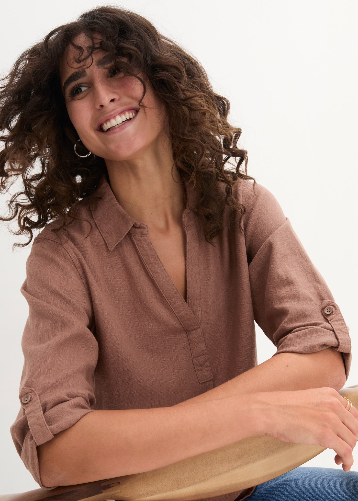 bonprix Langarmbluse »3/4-Arm Bluse mit Leinen« figurumspielende Passform, für vielseitige Alltagslooks
