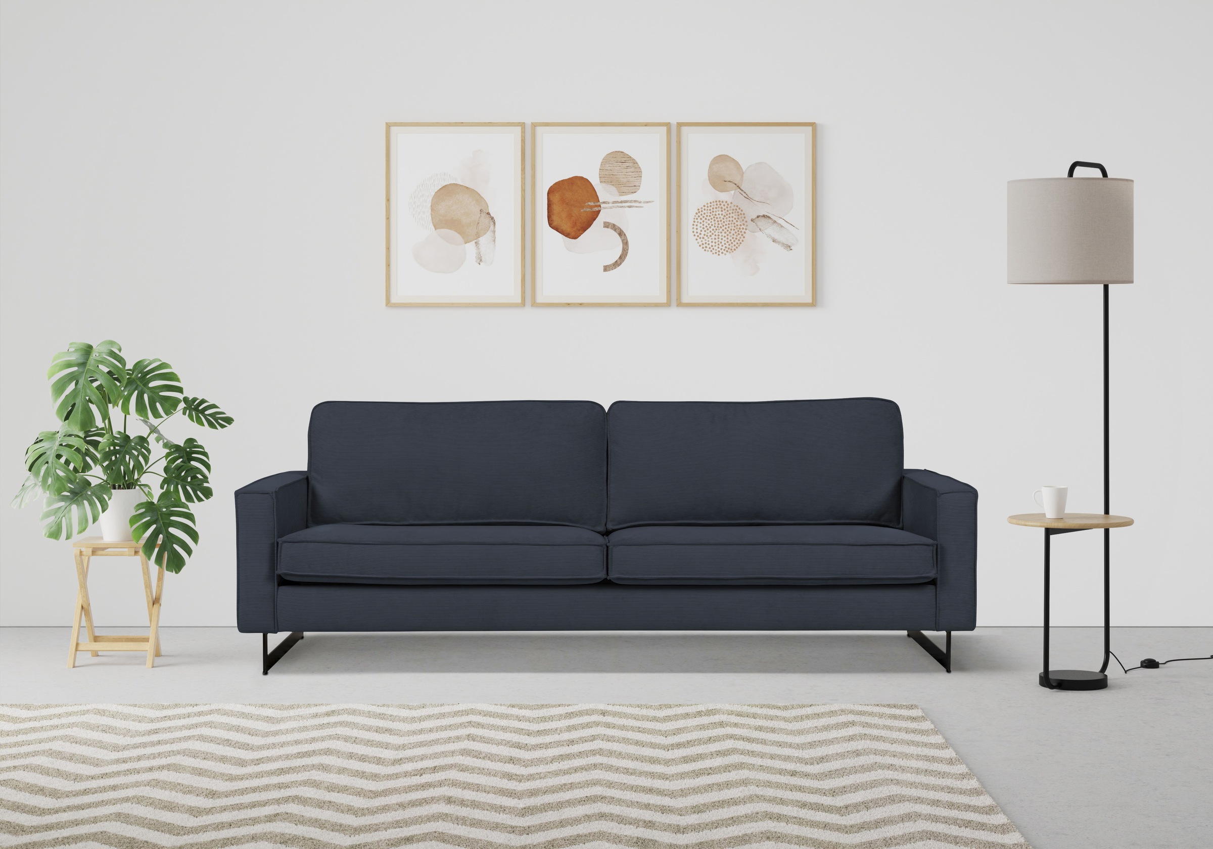 Places of Style 3-Sitzer »Maxi-Ausführung Pinto, 236 cm, Cord, Chenille, Lederoptik«, mit Keder, schwarze Metallfüße, Wellenunterfederung