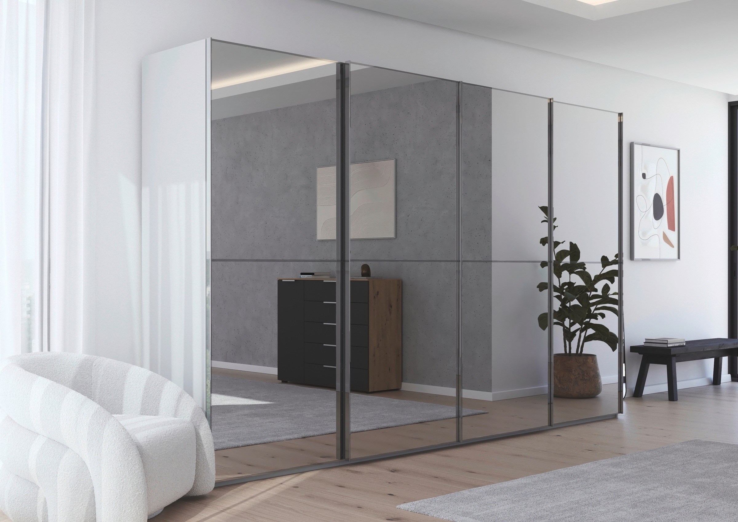 rauch Schwebetürenschrank »Kleiderschrank Schrank Garderobe Schlafzimmerschrank SCALE-DUO«, edle zweigeteilte Türen Spiegelfront und 3 Zierleisten MADE IN GERMANY