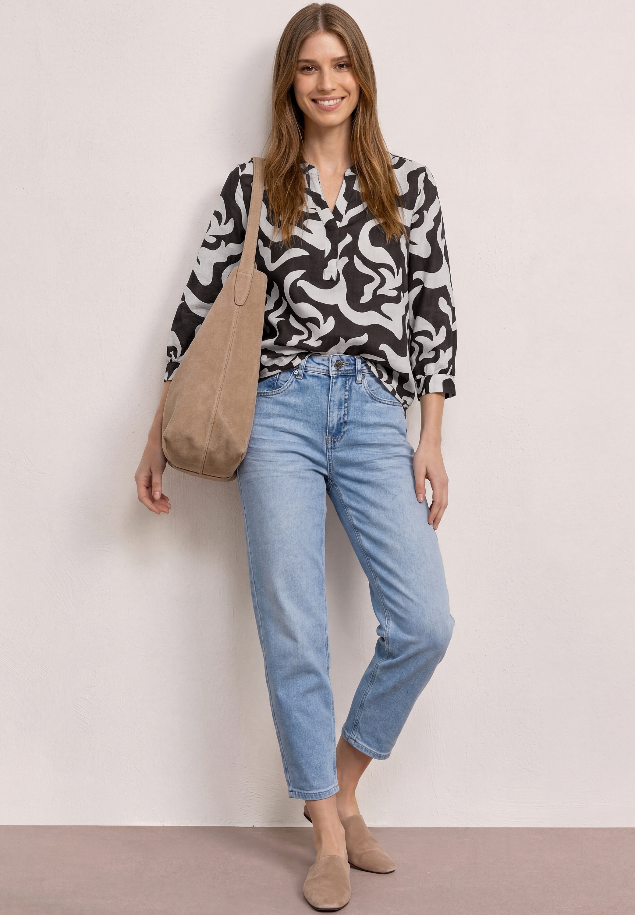 STREET ONE Druckbluse Sommerbluse mit Split Neck aus Leinenmix