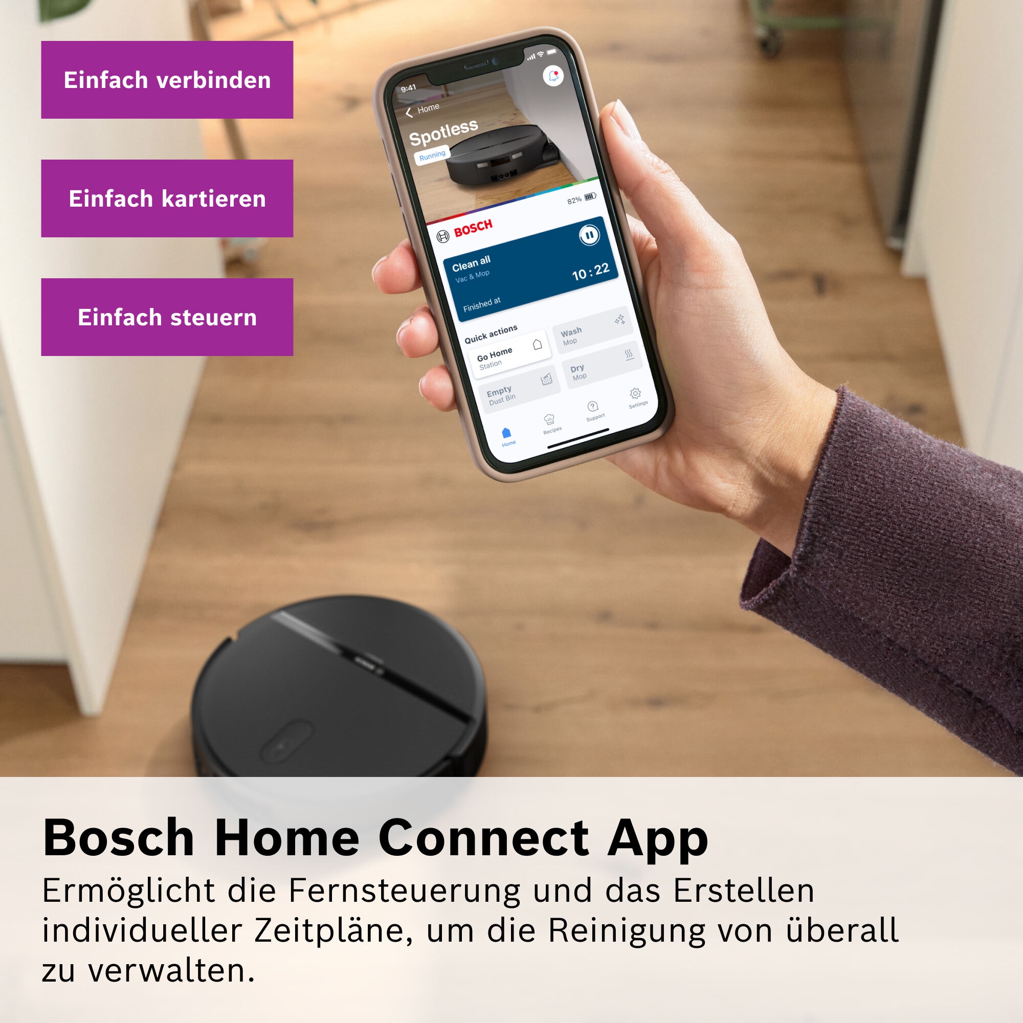 BOSCH Saugroboter »mit Wischfunktion Spotless 2 Advanced BCR2S2BX/BCR2S2WX« ausfahrbare Wischrolle, 27.000 Pa Saugkraft, smarte Fleckenentfernung