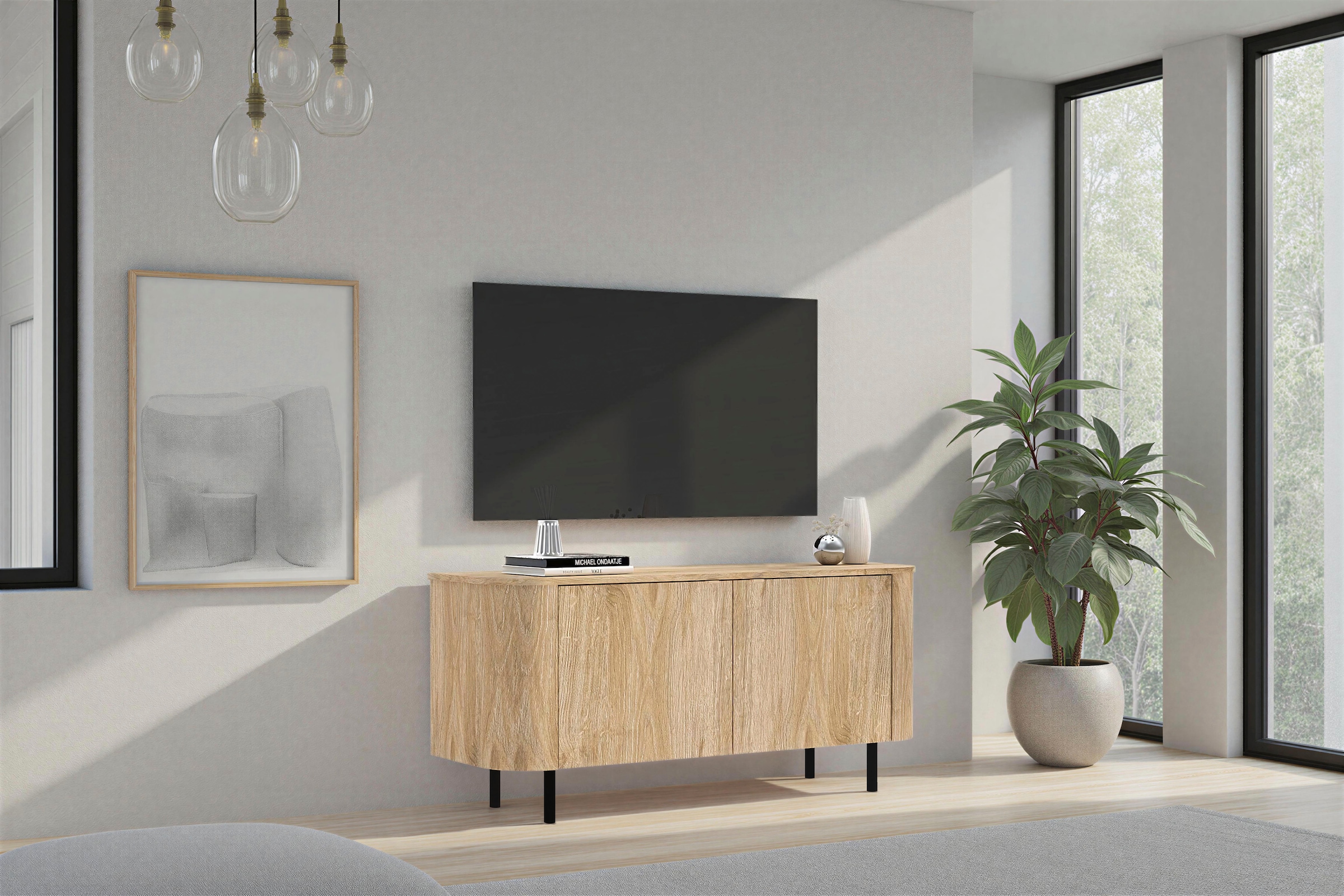 Home affaire Lowboard »Murano, 131 cm breit, 2 Türen, TV-Schrank, TV-Kommode, Medienboard« Formgebogenes MDF, Stirnseiten mit Rundung, Füße und Griffe aus Metall