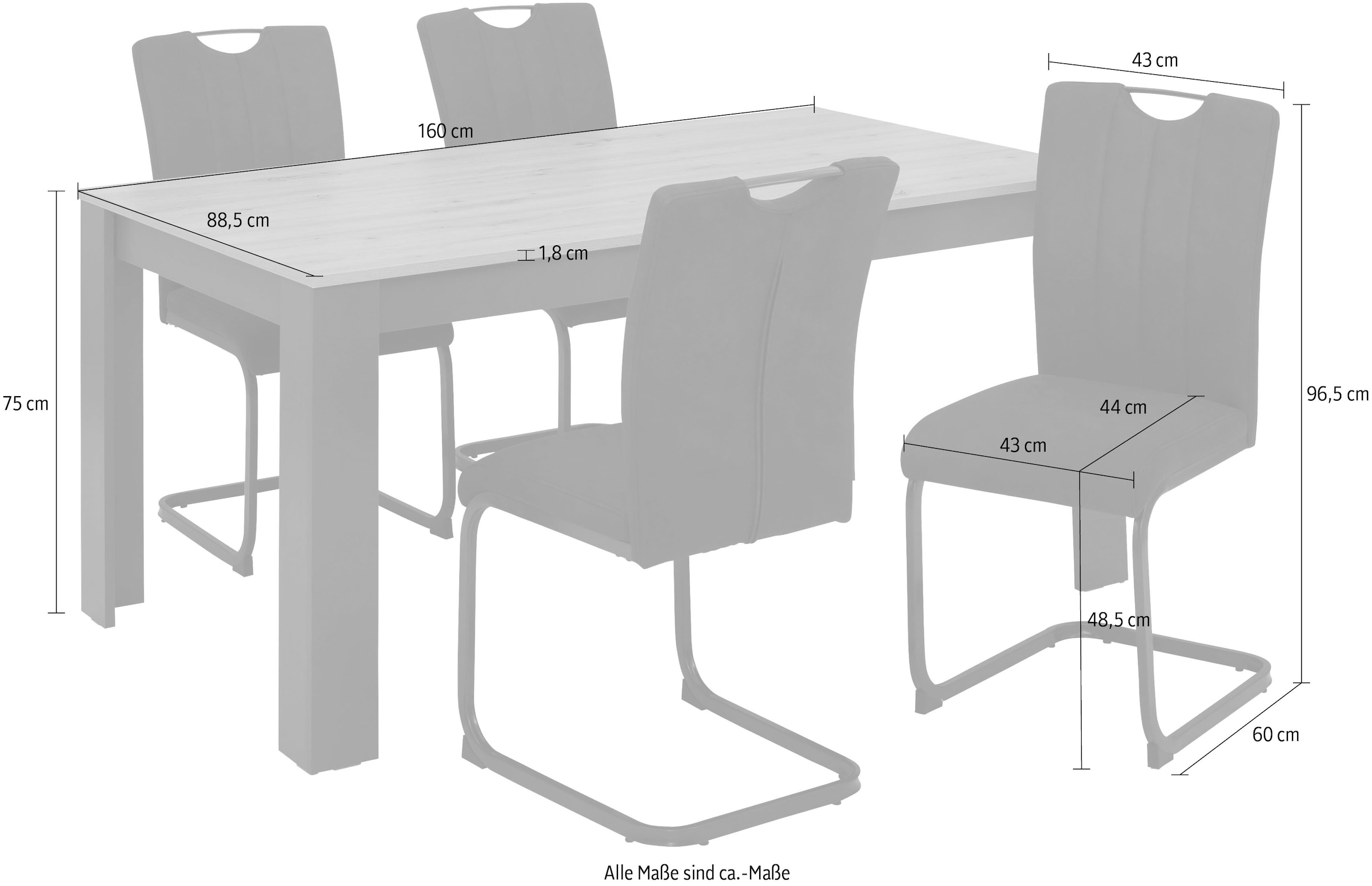 Home affaire Essgruppe »Napoli«, (Set, 5 tlg., 4 Freischwinger + 1 Esstisch), 5-teilige Tischgruppe mit modernem Freischwinger Stuhl und Esstisch