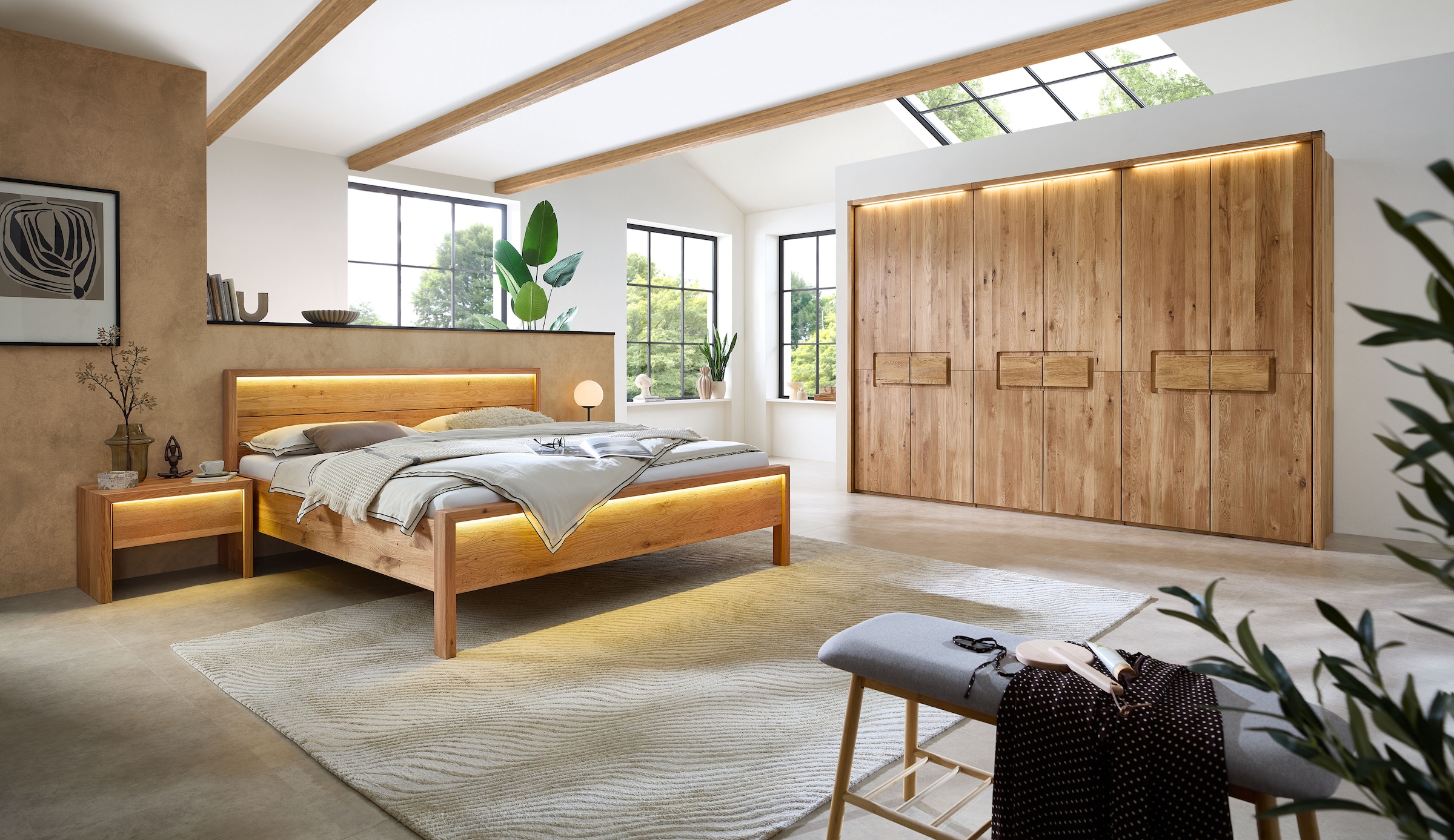 Home affaire Massivholzbett »Ambroise aus Wildeiche« inkl. LED-Beleuchtung, wahlweise auch in Überlänge erhältlich