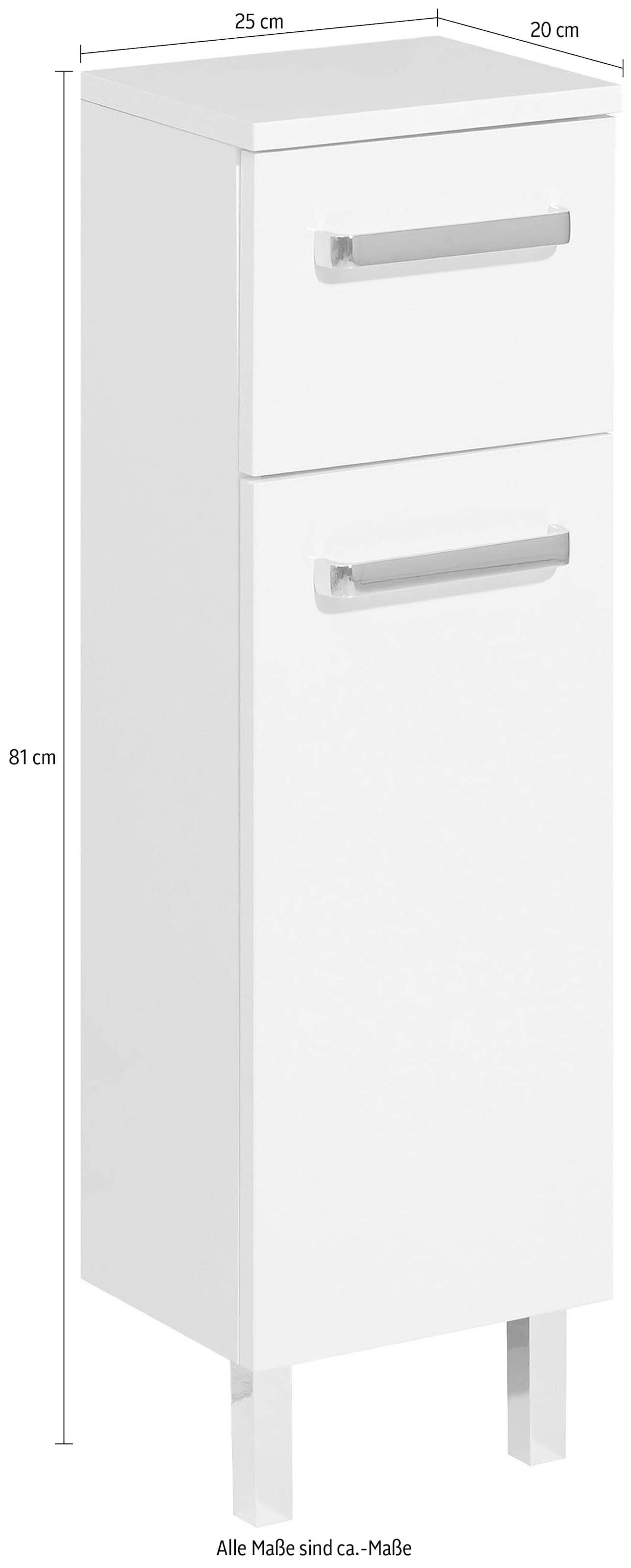 Saphir Unterschrank »Quickset Badschrank mit 1 Tür, 1 Schublade, 25 cm breit«, Badezimmer-Unterschrank inkl. Türdämpfer, Griffe in Chrom Glanz