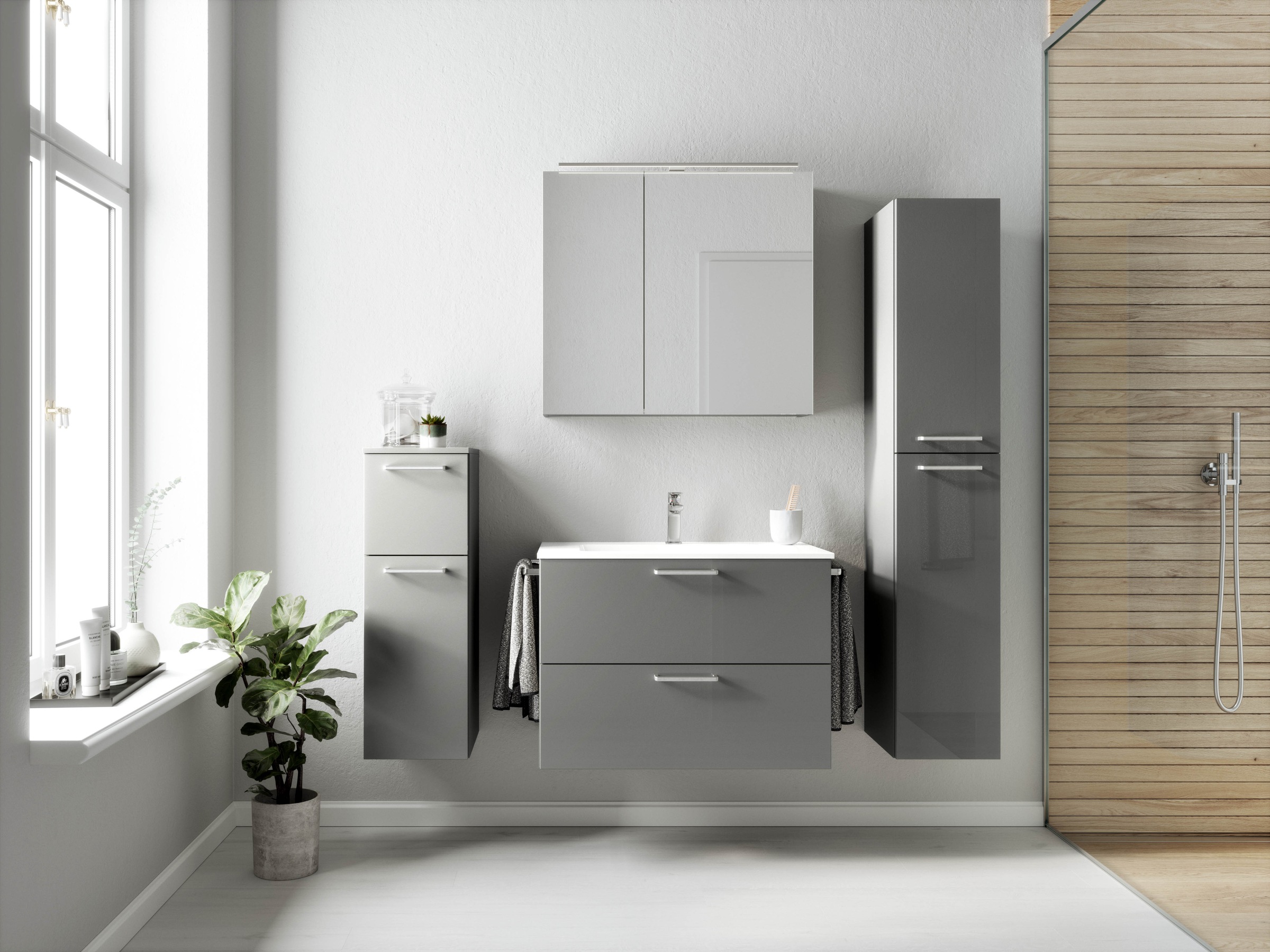 nobilia® Badmöbel-Set »Tolvina«, (2 St., vormontiert, mit Soft-Close), inkl. Spiegelschrank mit Beleuchtung und Dimmerfunktion, in 4 Breiten