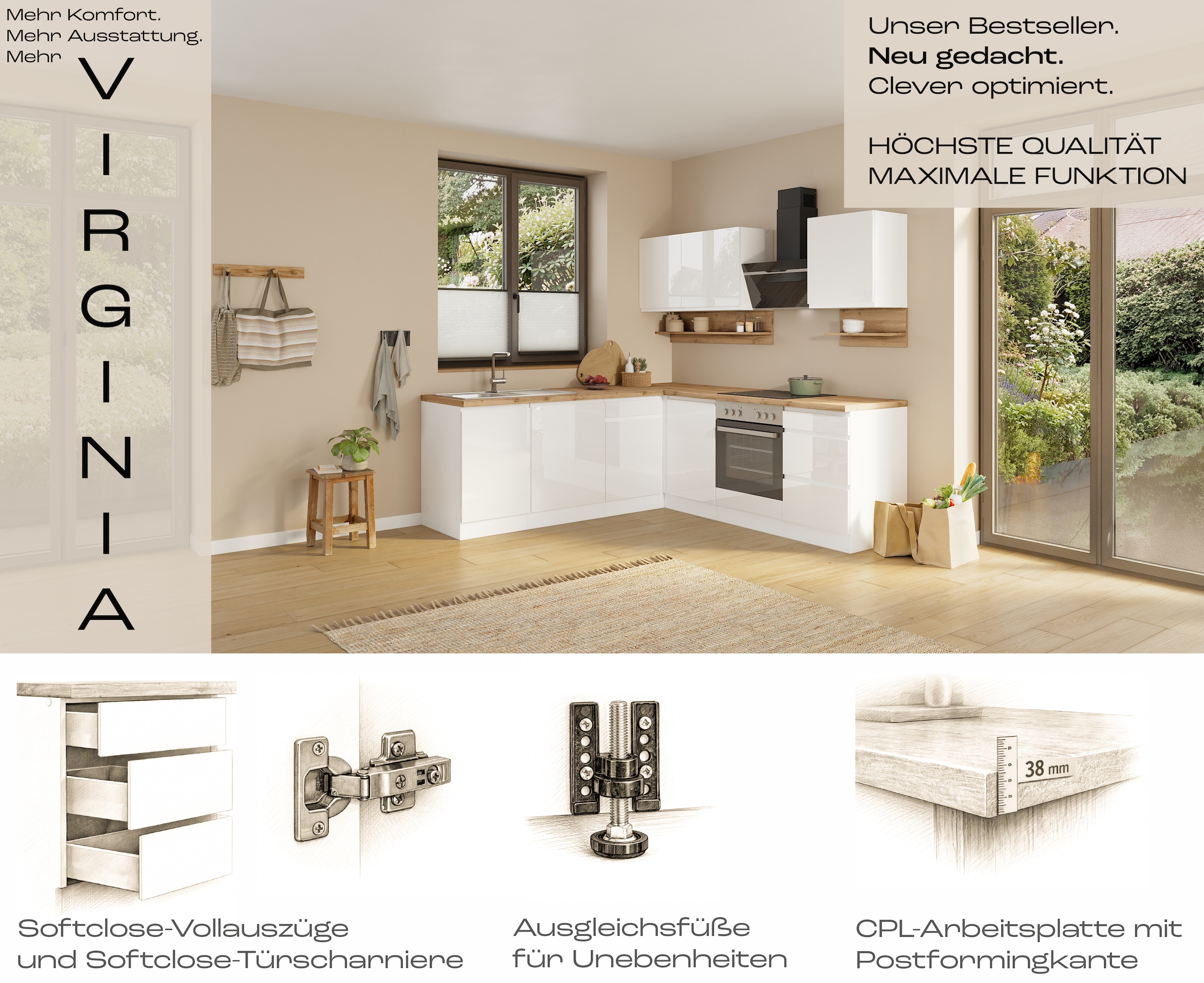 KOCHSTATION Winkelküche »KS-Virginia,neu in verbesserter Ausführung« Arbeitsplatte 38 mm stark, Stauraum, Softclose,  Stellbreite 230/190 cm, Soft-Close,wahlweise mit E-Geräten