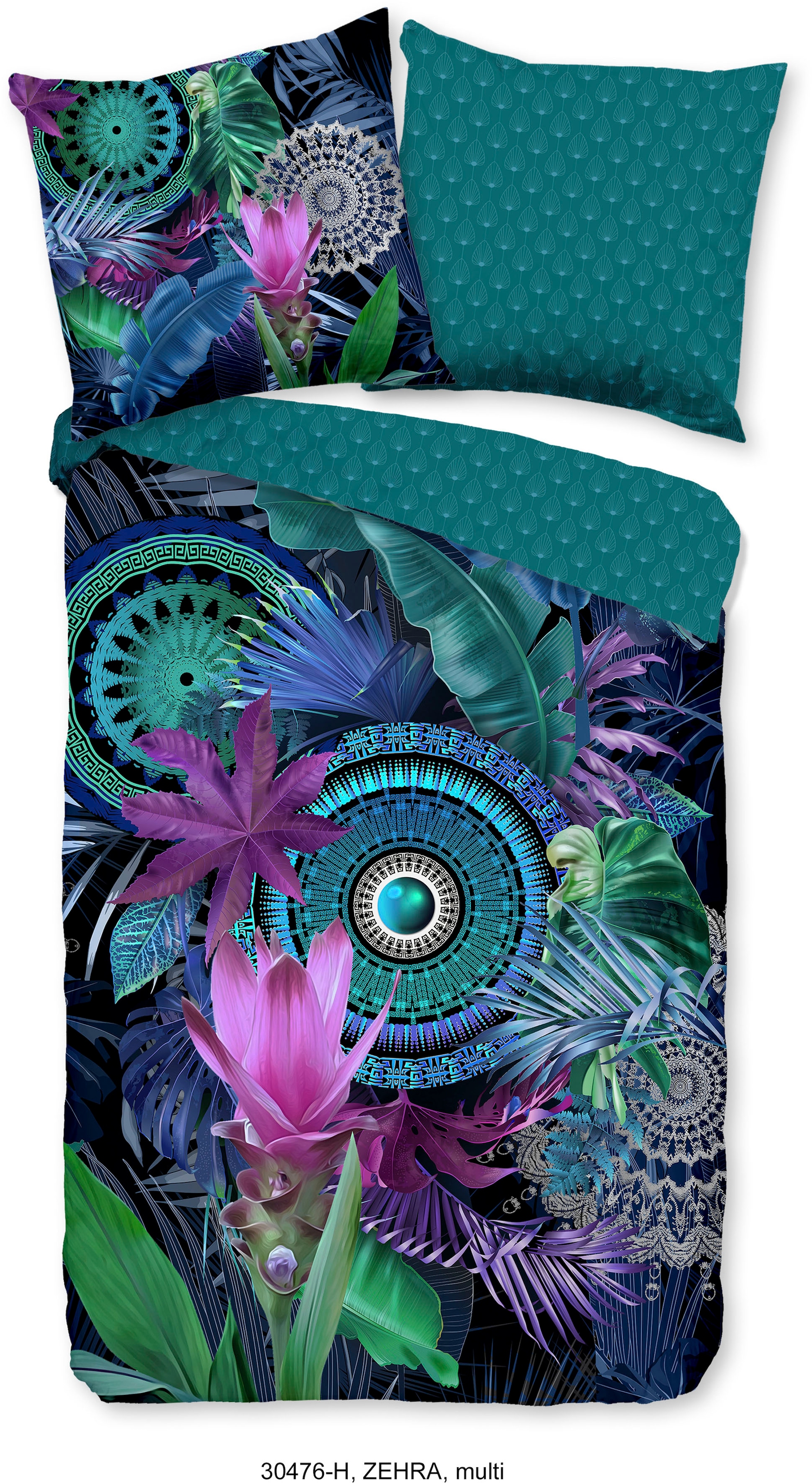hip Wendebettwäsche »Zehra«, Mako-Satin, 135x200, Reißverschluss, Wende, Mandala, Dunkel, Petrol