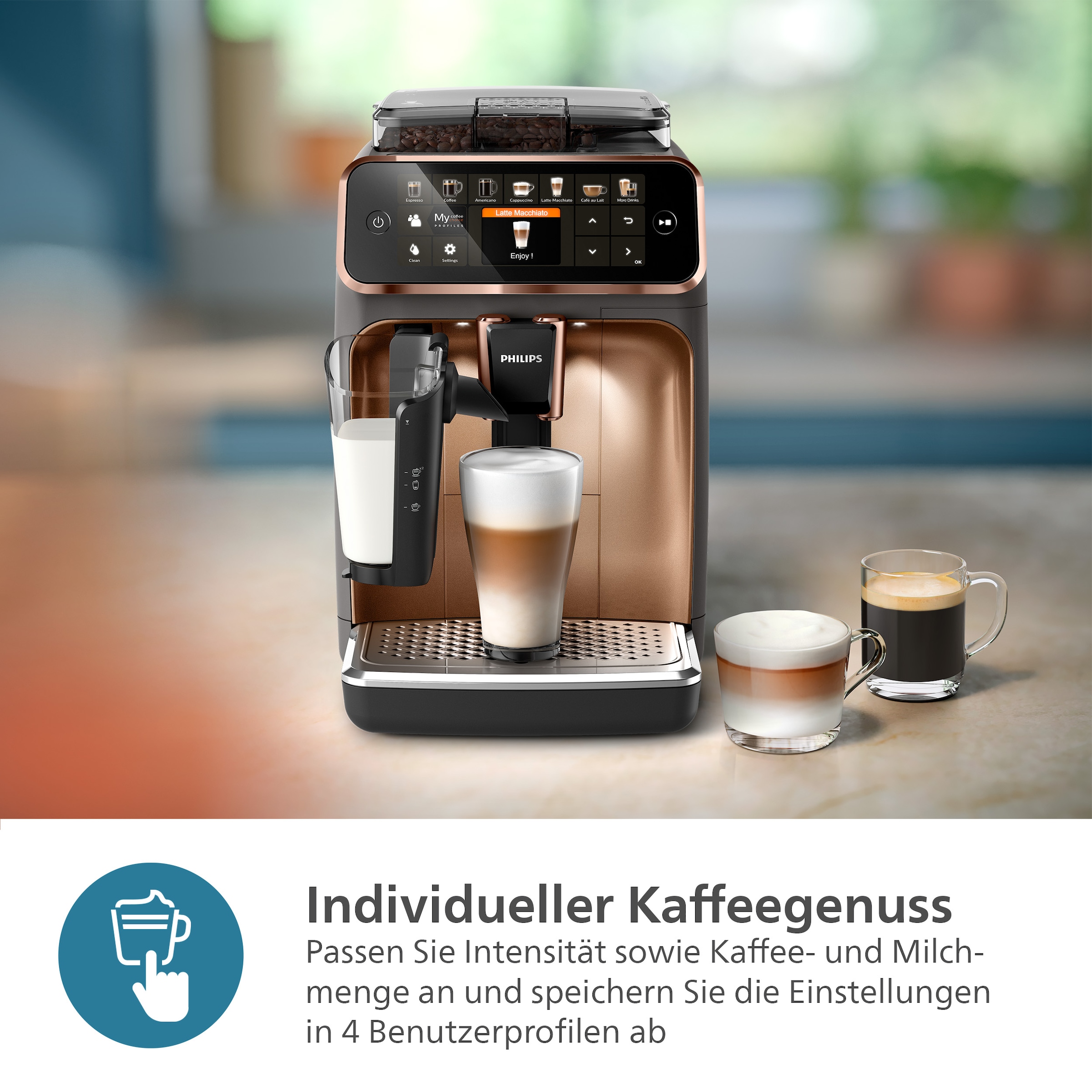 Philips Kaffeevollautomat »5400 Series EP5144/70, mit LatteGo-Milchsystem«, 12 Kaffeespezialitäten und 4 Benutzerprofilen; Grau/Kupfer verchromt