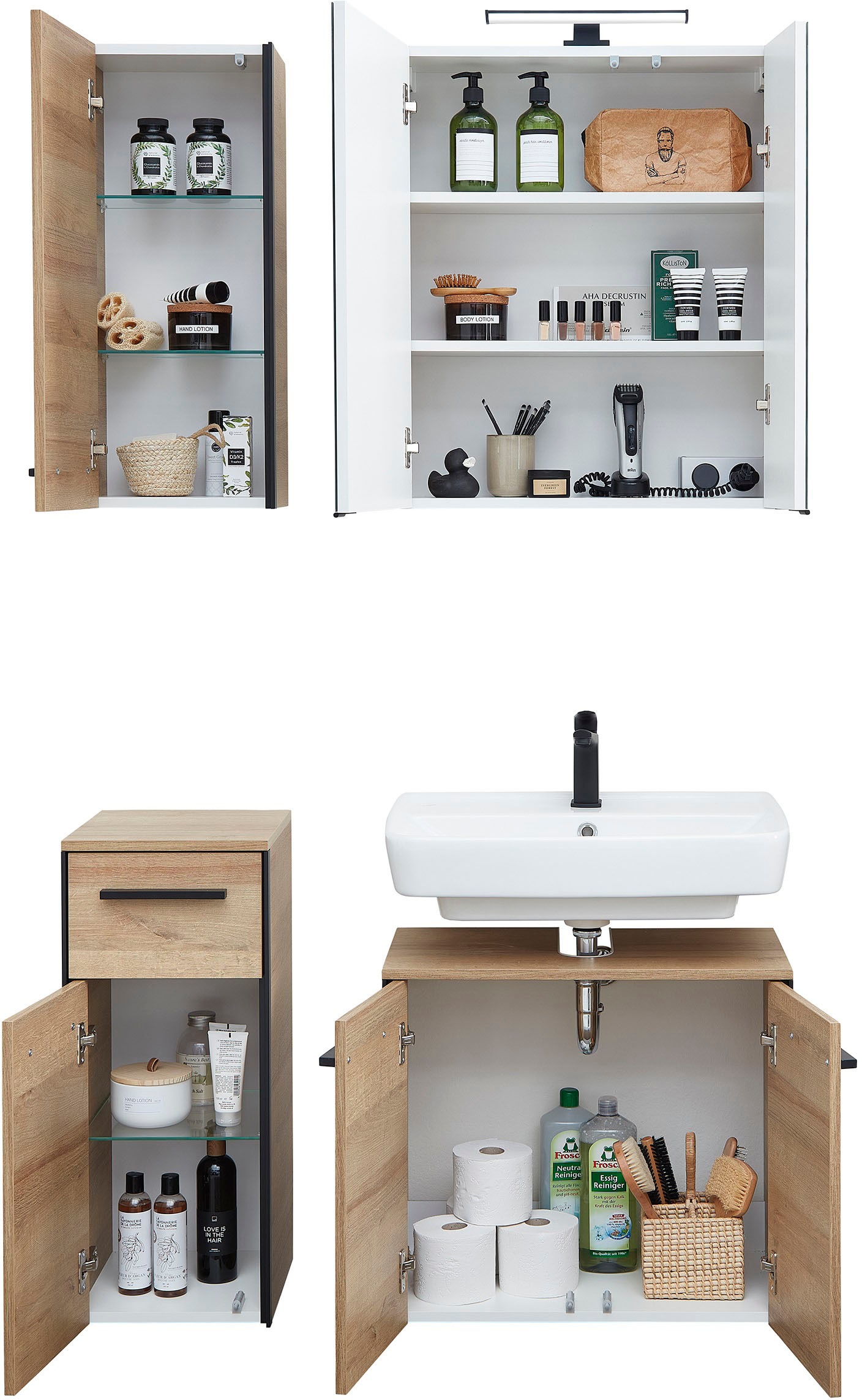 Saphir Badmöbel-Set »Quickset 395 4-teilig, Waschbeckenunterschrank mit LED-Spiegelschrank«, (4 St.), Unterschrank, Hängeschrank inkl. Türdämpfer, 6 Türen, 1 Schublade