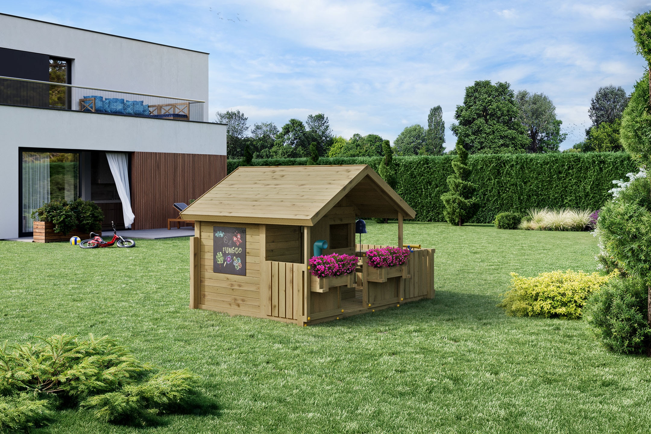 FUNGOO Spielhaus »SUNNY BANDCORNER« mit großer Terrasse und Picknicktisch, Tafel, Periskop