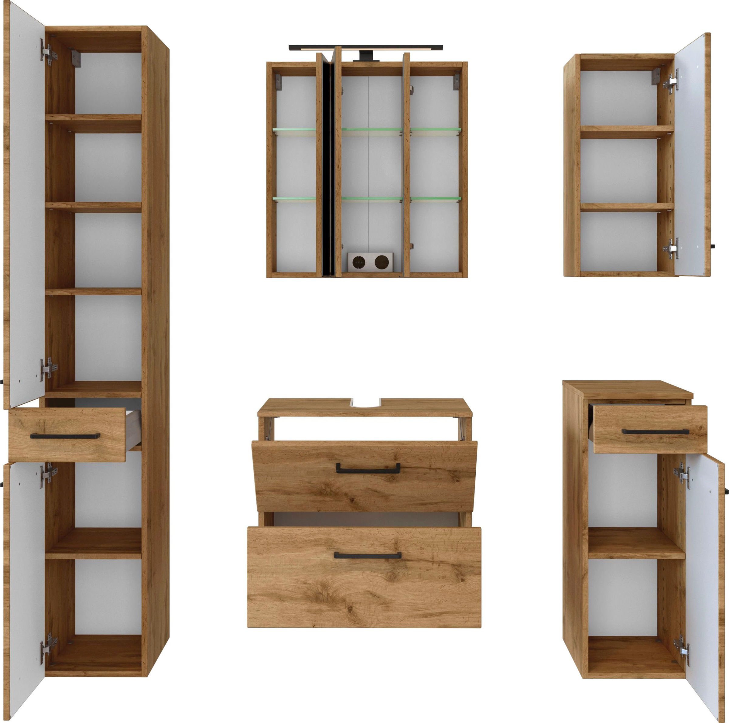 welltime Badmöbel-Set »Chicago«, (5 St., Spiegelschrank, Unterbeckenschrank, Hängeschrank, Unterschrank etc.)