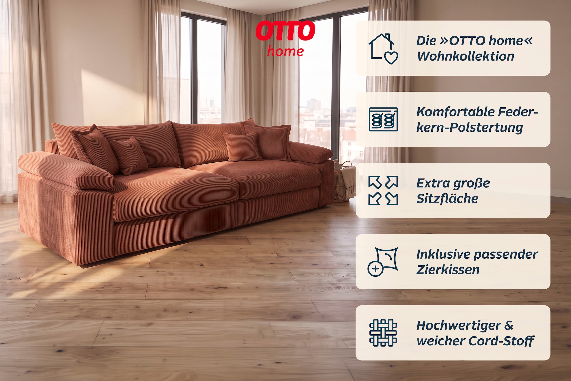 OTTO home Big-Sofa »Soft&Cosy XXL, B: 303 cm - OTTO. Verlässliche Qualität.« Mega-Sofa, Cord oder Chenille-Struktur, mit Federkern & 4 Zierkissen